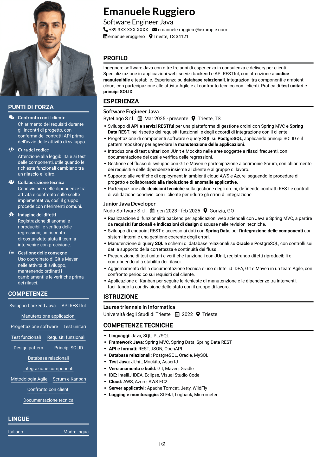 CV Signature (formato con colonna laterale colorata e foto grande): Software Engineer - Java o .NET, pagina 1