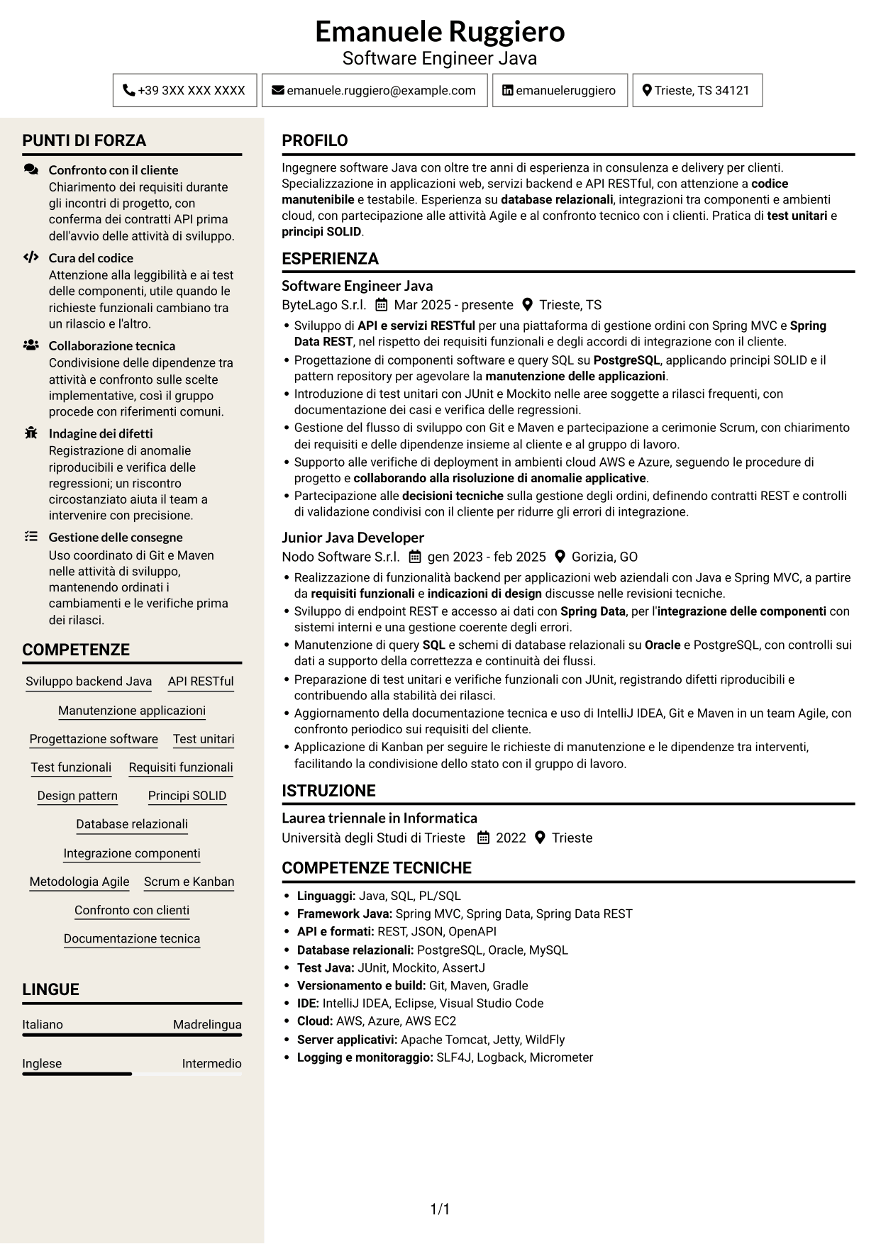 CV Intraprendente (formato a due colonne con intestazione centrata senza foto): Software Engineer - Java o .NET, pagina 1