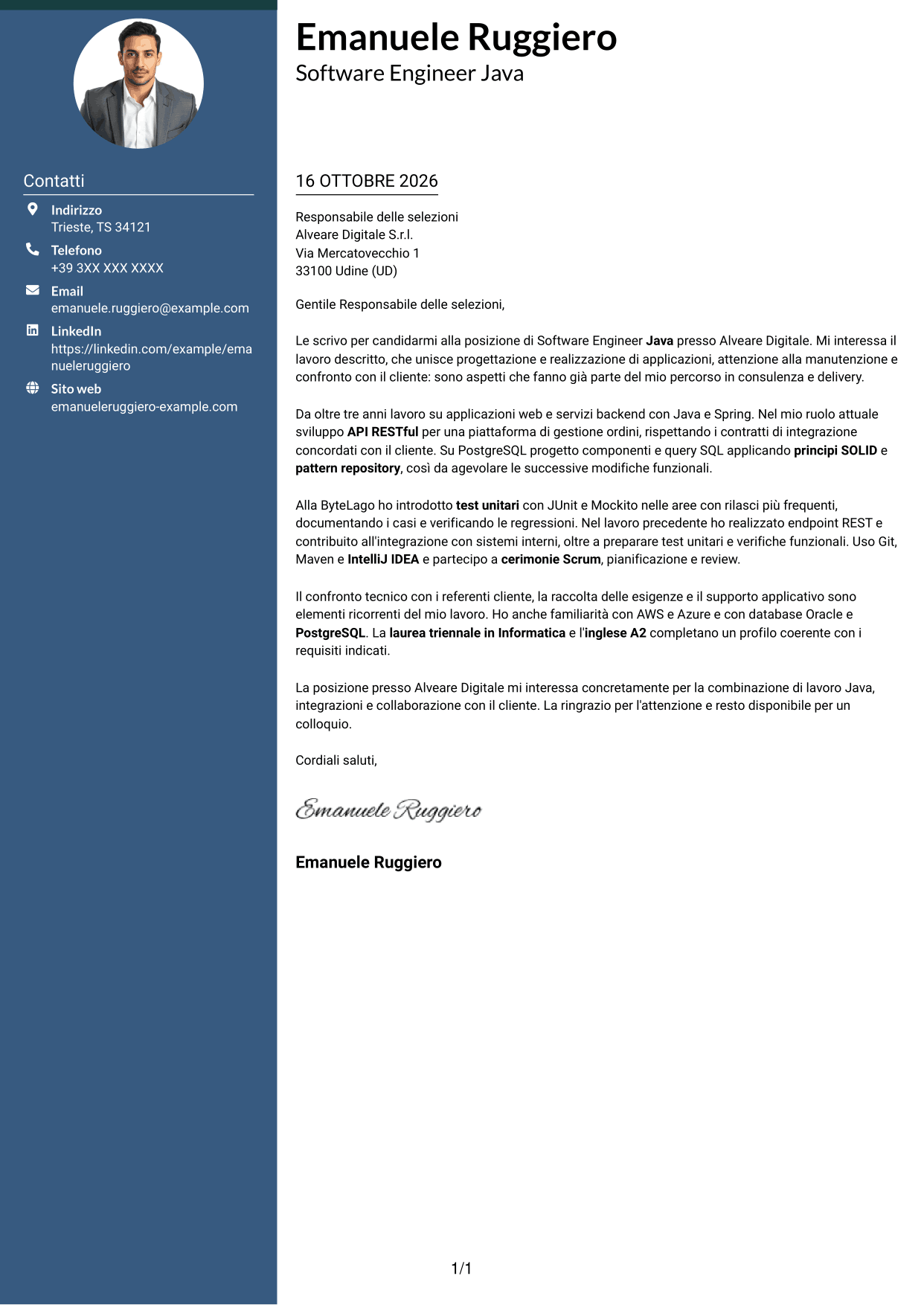 Lettera di presentazione Elegante (formato con colonna laterale colorata e foto): Software Engineer - Java o .NET, pagina 1