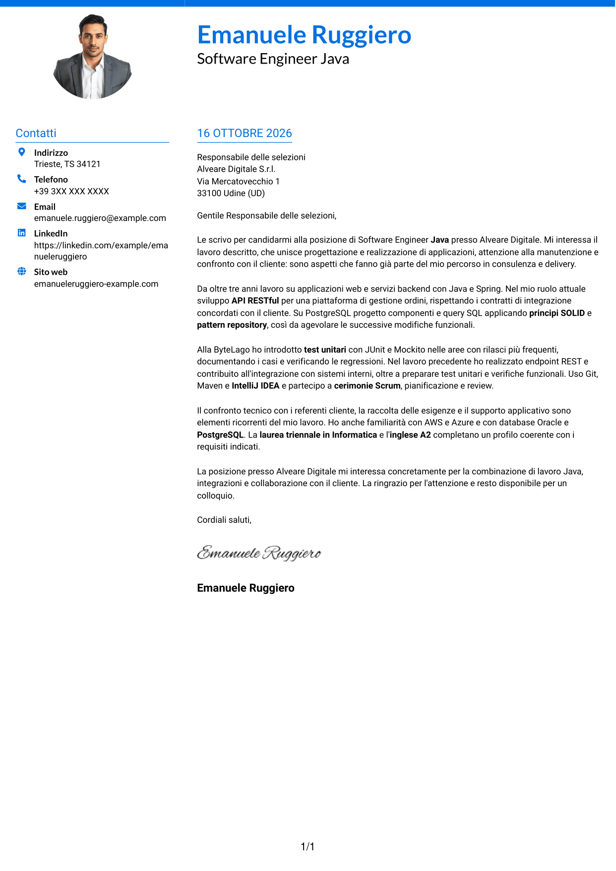 Lettera di presentazione Audace (formato a due colonne con accenti colorati e foto): Software Engineer - Java o .NET, pagina 1