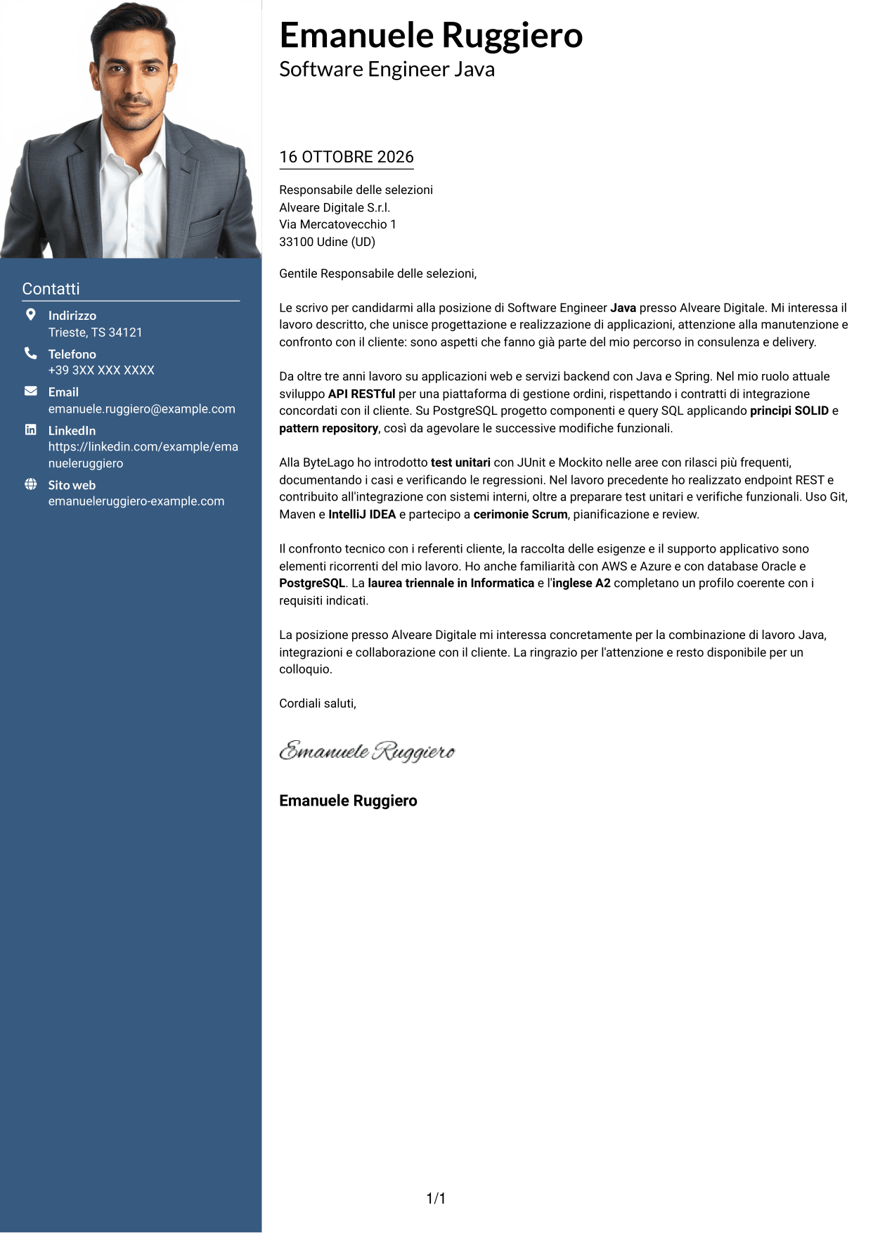 Lettera di presentazione Signature (formato con colonna laterale colorata e foto grande): Software Engineer - Java o .NET, pagina 1