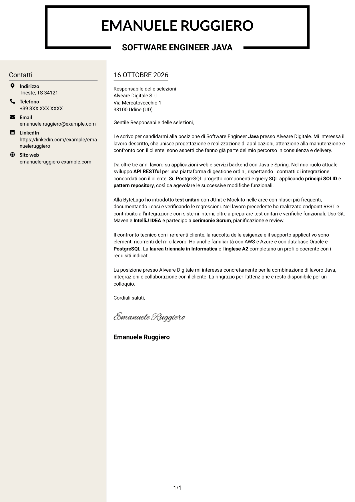 Lettera di presentazione Intraprendente (formato a due colonne con intestazione centrata senza foto): Software Engineer - Java o .NET, pagina 1