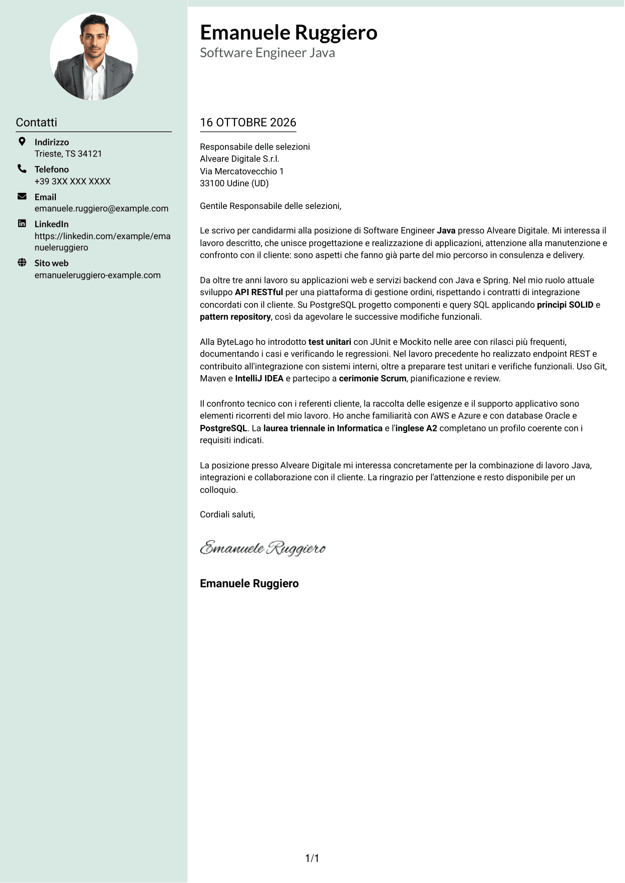 Lettera di presentazione Dirigente (formato con colonna laterale tenue e foto arrotondata): Software Engineer - Java o .NET, pagina 1