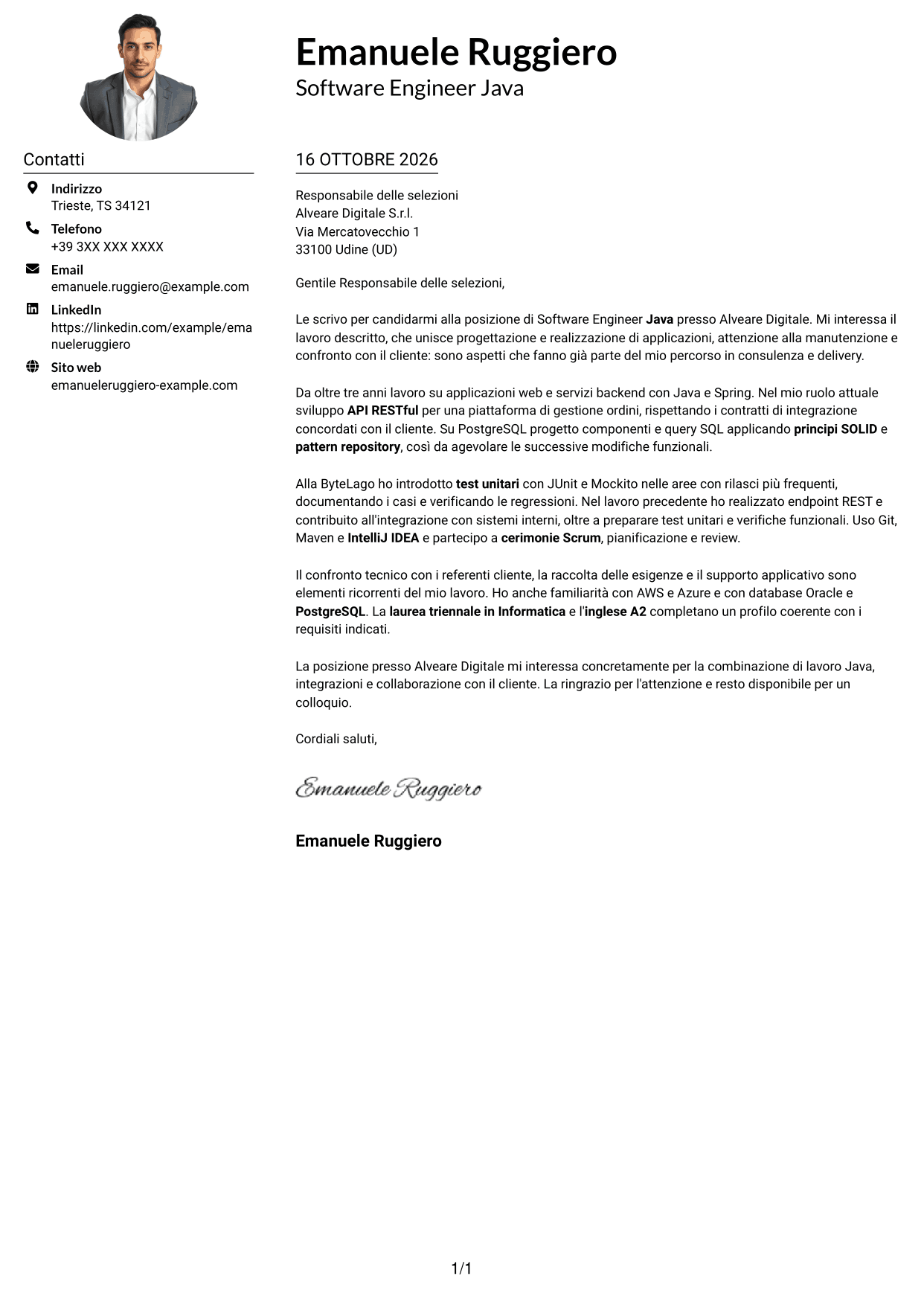 Esempio di lettera di presentazione — pagina 1