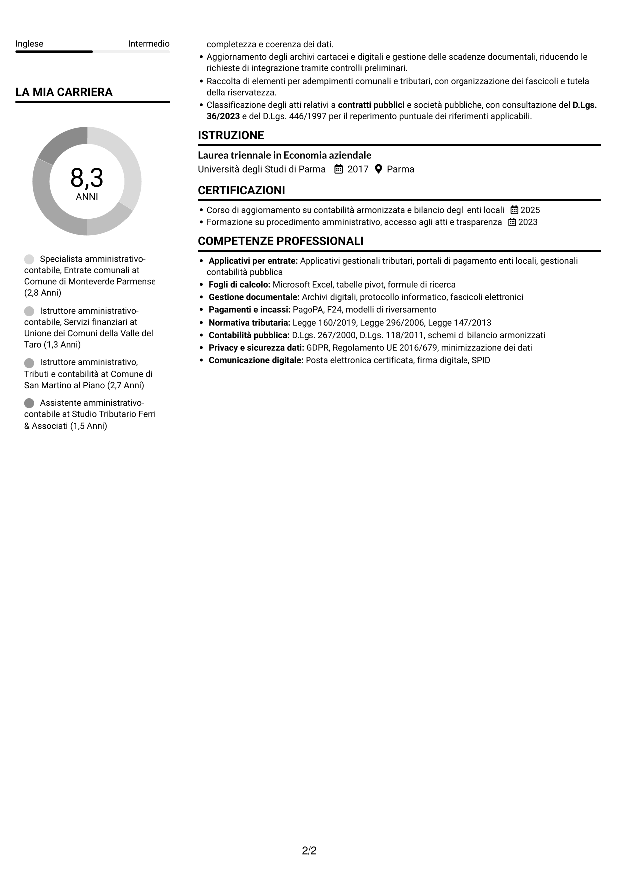 CV Compatto (formato sobrio a due colonne con foto): Specialista amministrativo-contabile - Entrate comunali, pagina 2