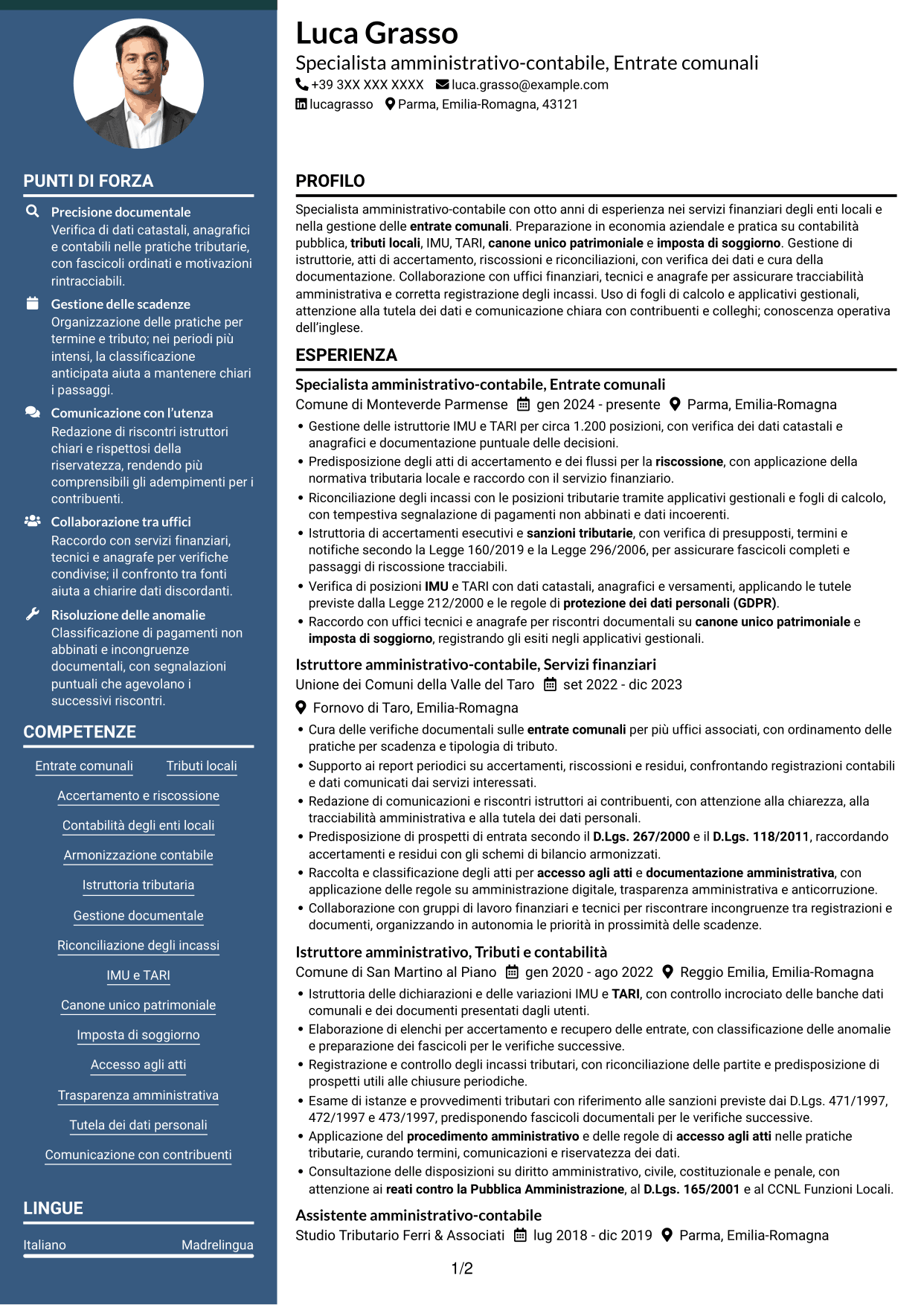 CV Elegante (formato con colonna laterale colorata e foto): Specialista amministrativo-contabile - Entrate comunali, pagina 1