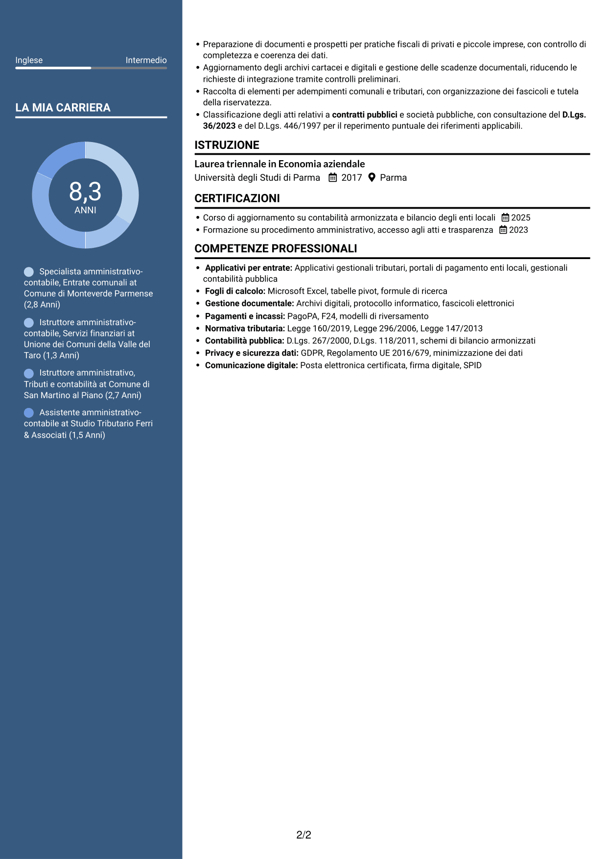 CV Elegante (formato con colonna laterale colorata e foto): Specialista amministrativo-contabile - Entrate comunali, pagina 2