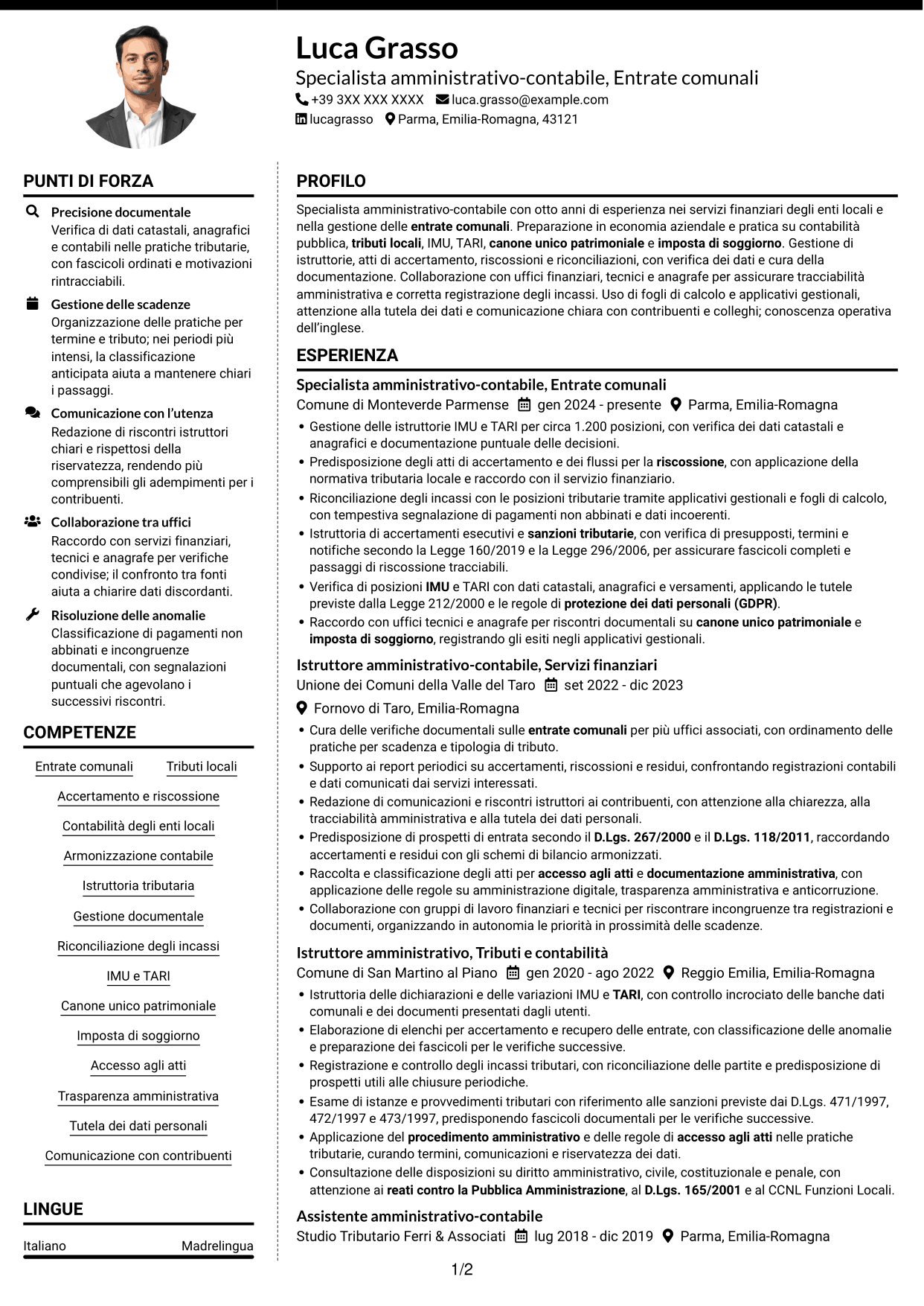 CV Moderno (formato a due colonne con foto a sinistra e separatore): Specialista amministrativo-contabile - Entrate comunali, pagina 1