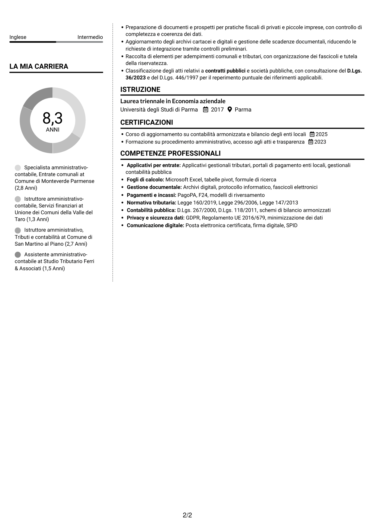 CV Moderno (formato a due colonne con foto a sinistra e separatore): Specialista amministrativo-contabile - Entrate comunali, pagina 2
