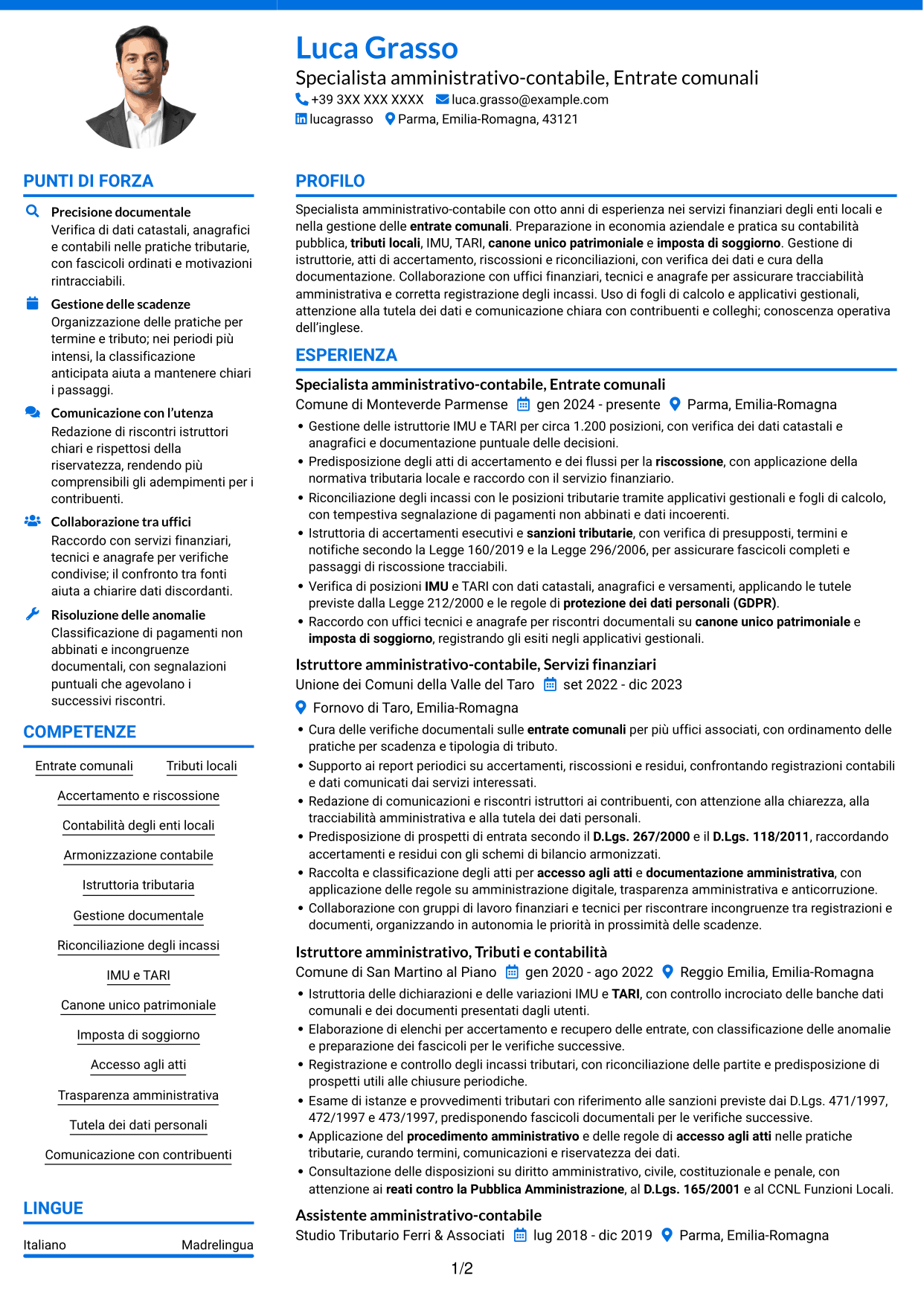 CV Audace (formato a due colonne con accenti colorati e foto): Specialista amministrativo-contabile - Entrate comunali, pagina 1