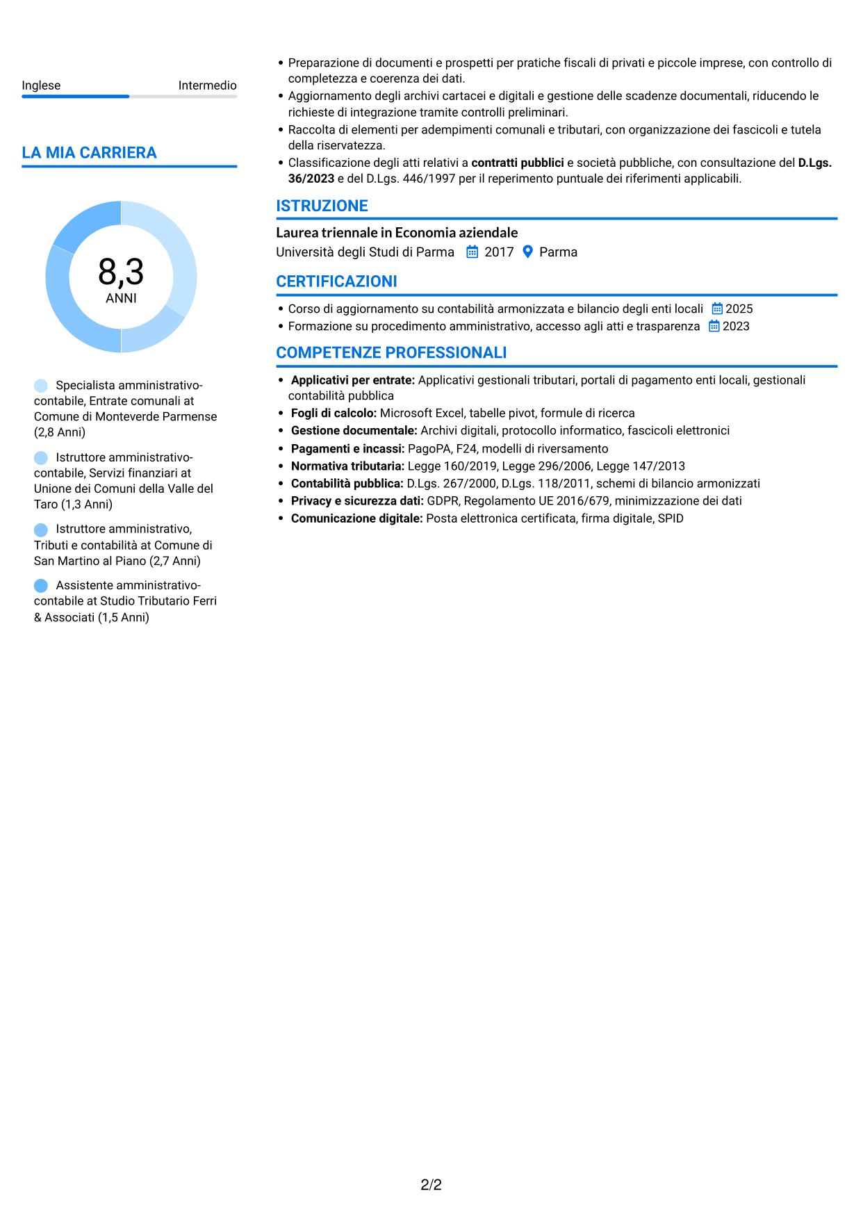 CV Audace (formato a due colonne con accenti colorati e foto): Specialista amministrativo-contabile - Entrate comunali, pagina 2
