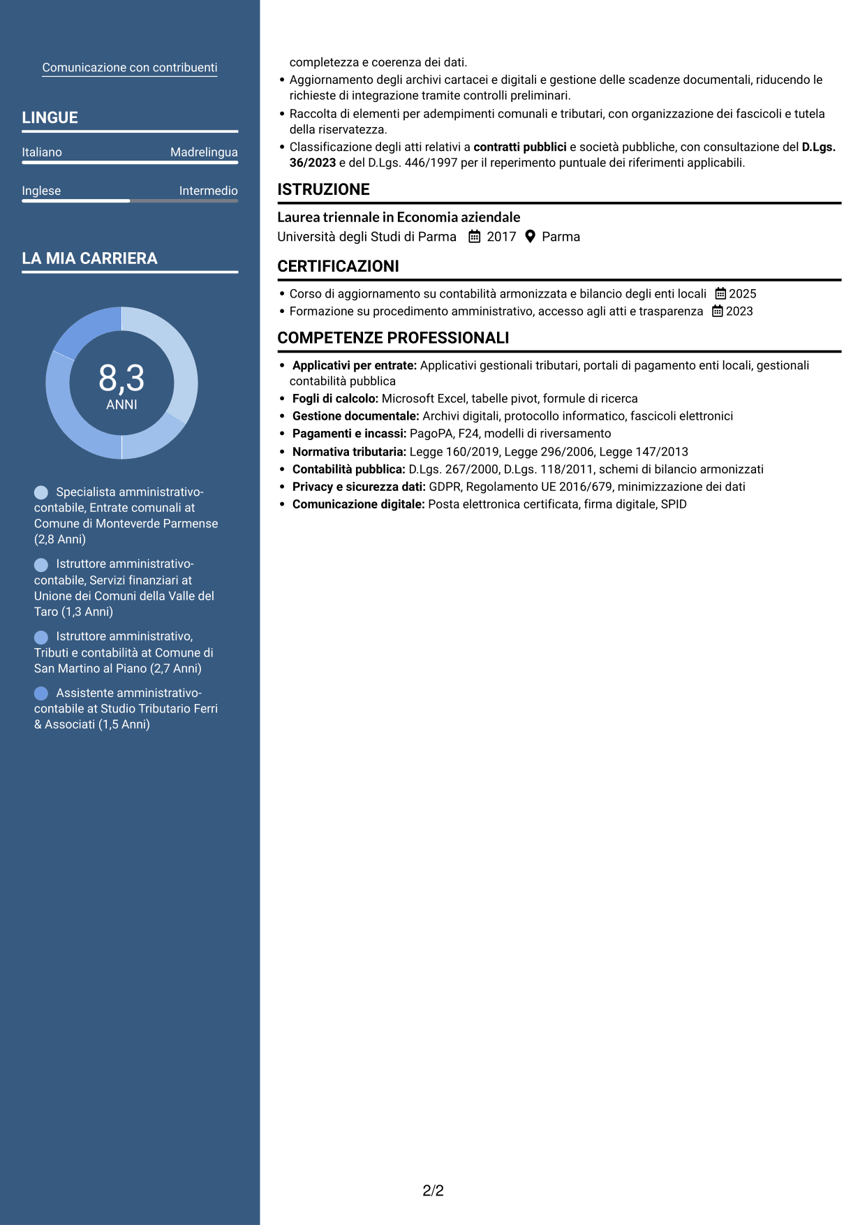 CV Signature (formato con colonna laterale colorata e foto grande): Specialista amministrativo-contabile - Entrate comunali, pagina 2