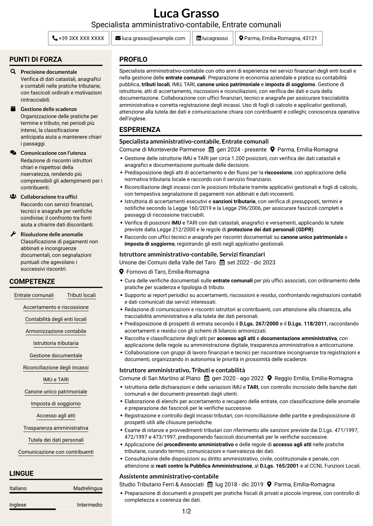 CV Intraprendente (formato a due colonne con intestazione centrata senza foto): Specialista amministrativo-contabile - Entrate comunali, pagina 1