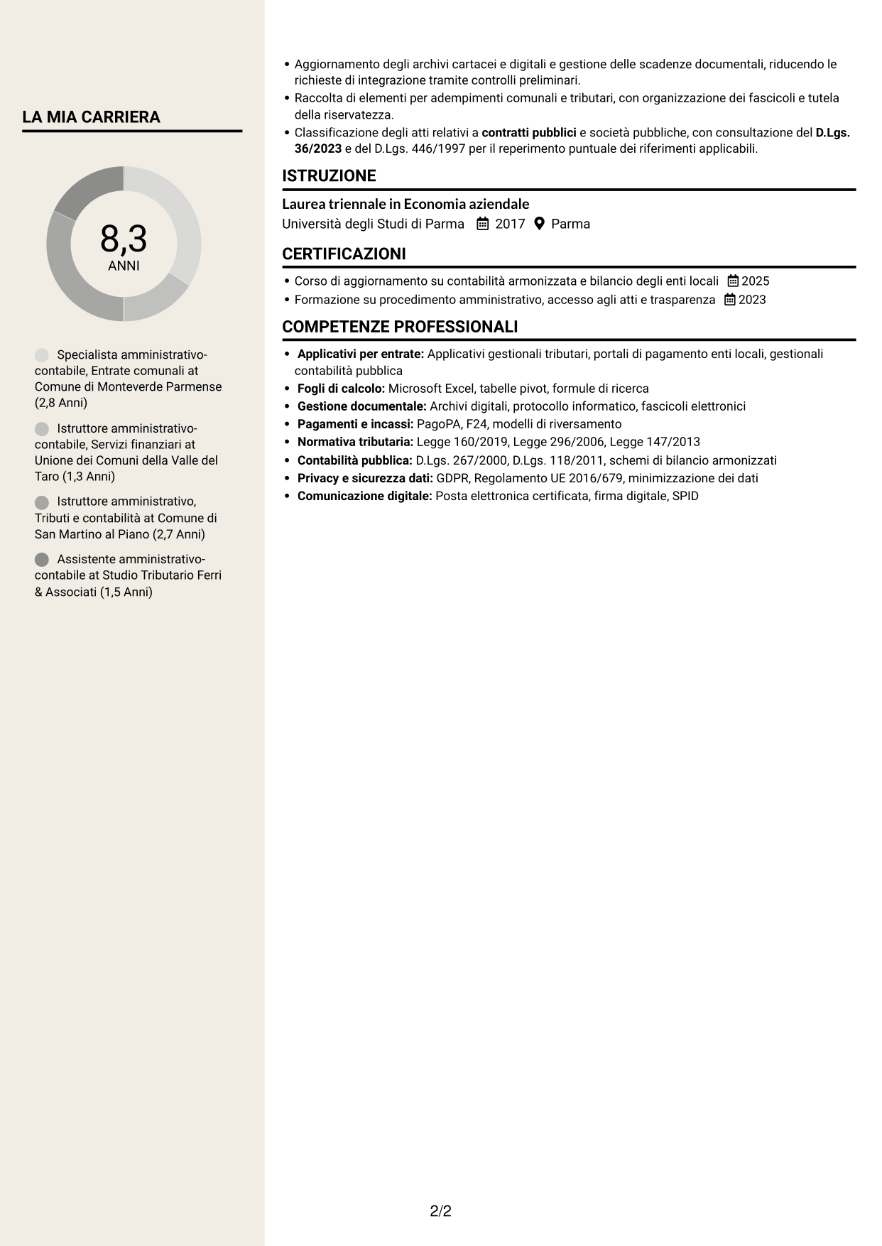 CV Intraprendente (formato a due colonne con intestazione centrata senza foto): Specialista amministrativo-contabile - Entrate comunali, pagina 2