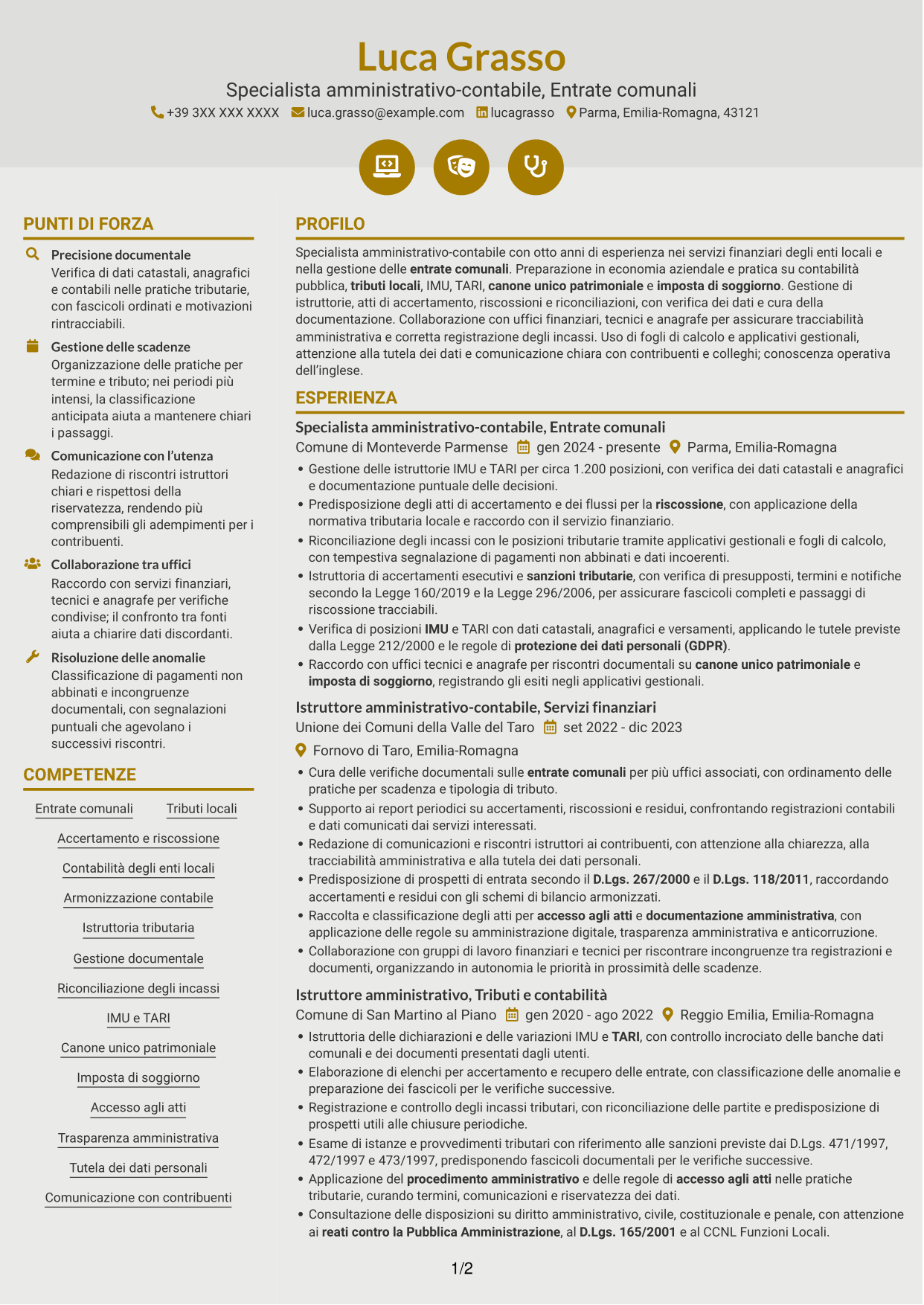 CV Dinamico (formato a due colonne con icone): Specialista amministrativo-contabile - Entrate comunali, pagina 1