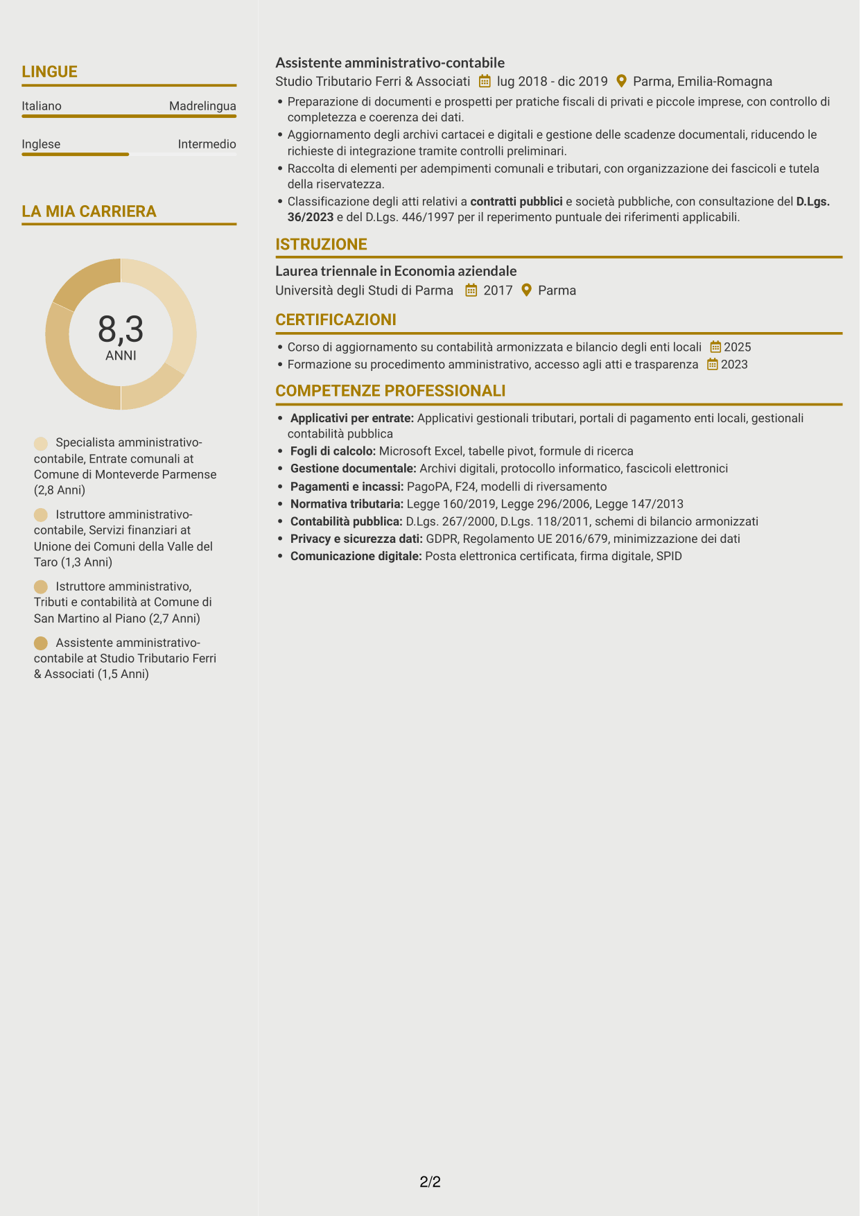 CV Dinamico (formato a due colonne con icone): Specialista amministrativo-contabile - Entrate comunali, pagina 2