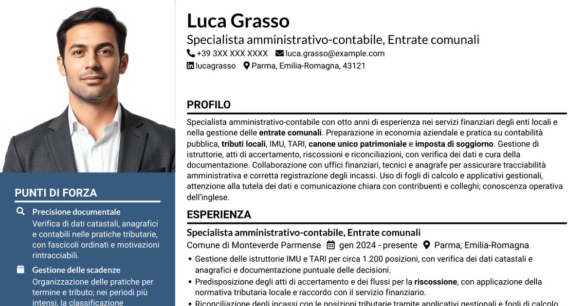 7 modelli di CV per Specialista amministrativo-contabile - Entrate comunali, con esempi