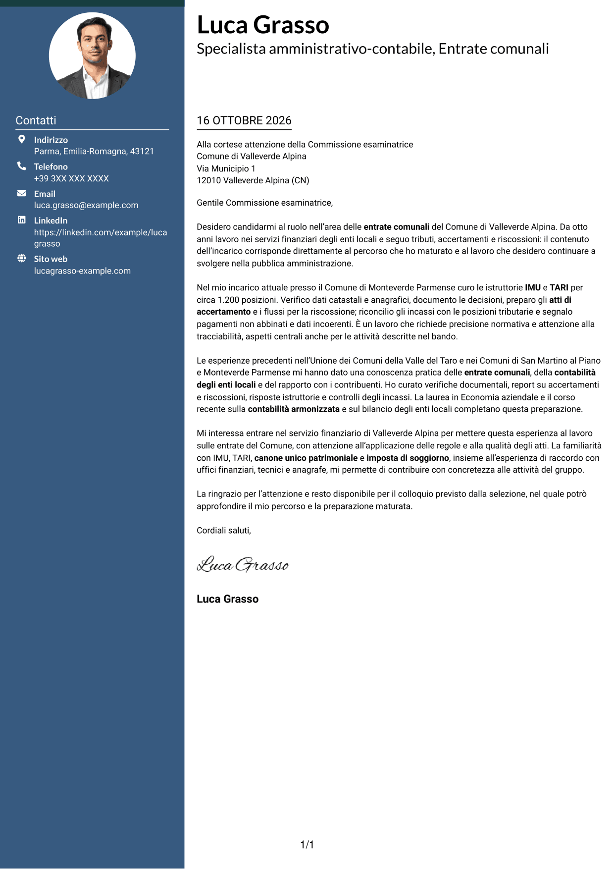 Lettera di presentazione Elegante (formato con colonna laterale colorata e foto): Specialista amministrativo-contabile - Entrate comunali, pagina 1