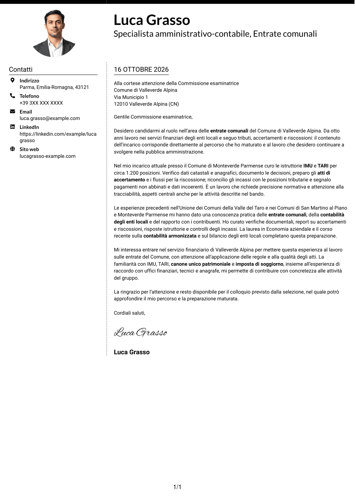 Lettera di presentazione Moderno (formato a due colonne con foto a sinistra e separatore): Specialista amministrativo-contabile - Entrate comunali, pagina 1