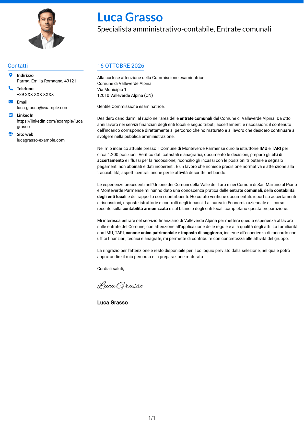Lettera di presentazione Audace (formato a due colonne con accenti colorati e foto): Specialista amministrativo-contabile - Entrate comunali, pagina 1