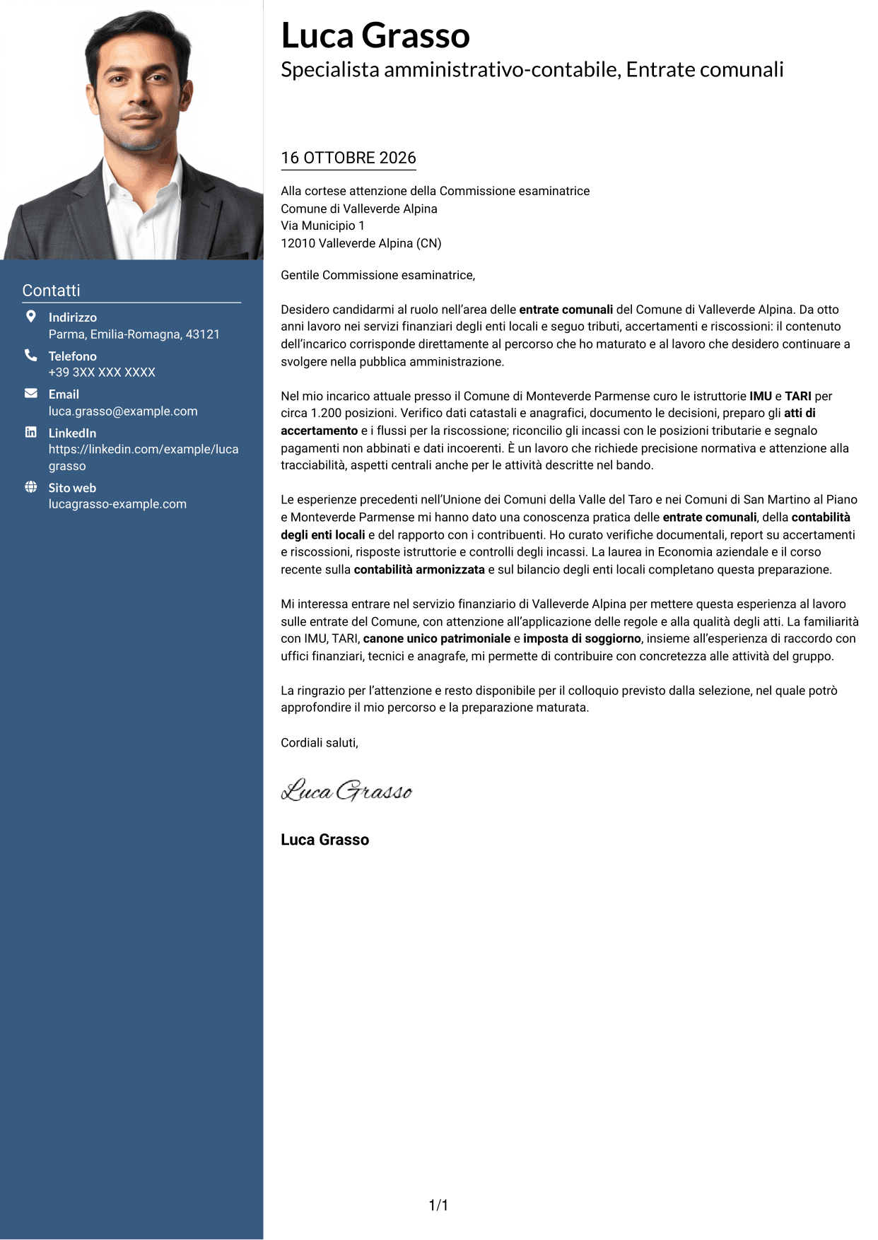 Lettera di presentazione Signature (formato con colonna laterale colorata e foto grande): Specialista amministrativo-contabile - Entrate comunali, pagina 1