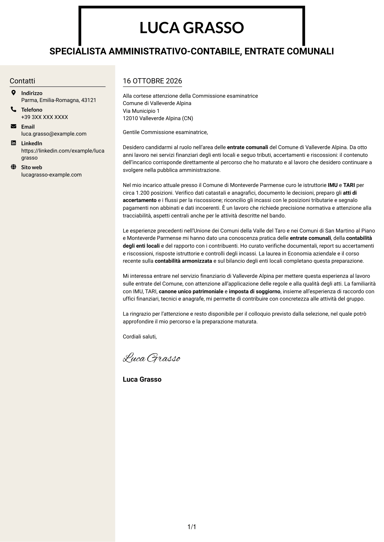 Lettera di presentazione Intraprendente (formato a due colonne con intestazione centrata senza foto): Specialista amministrativo-contabile - Entrate comunali, pagina 1