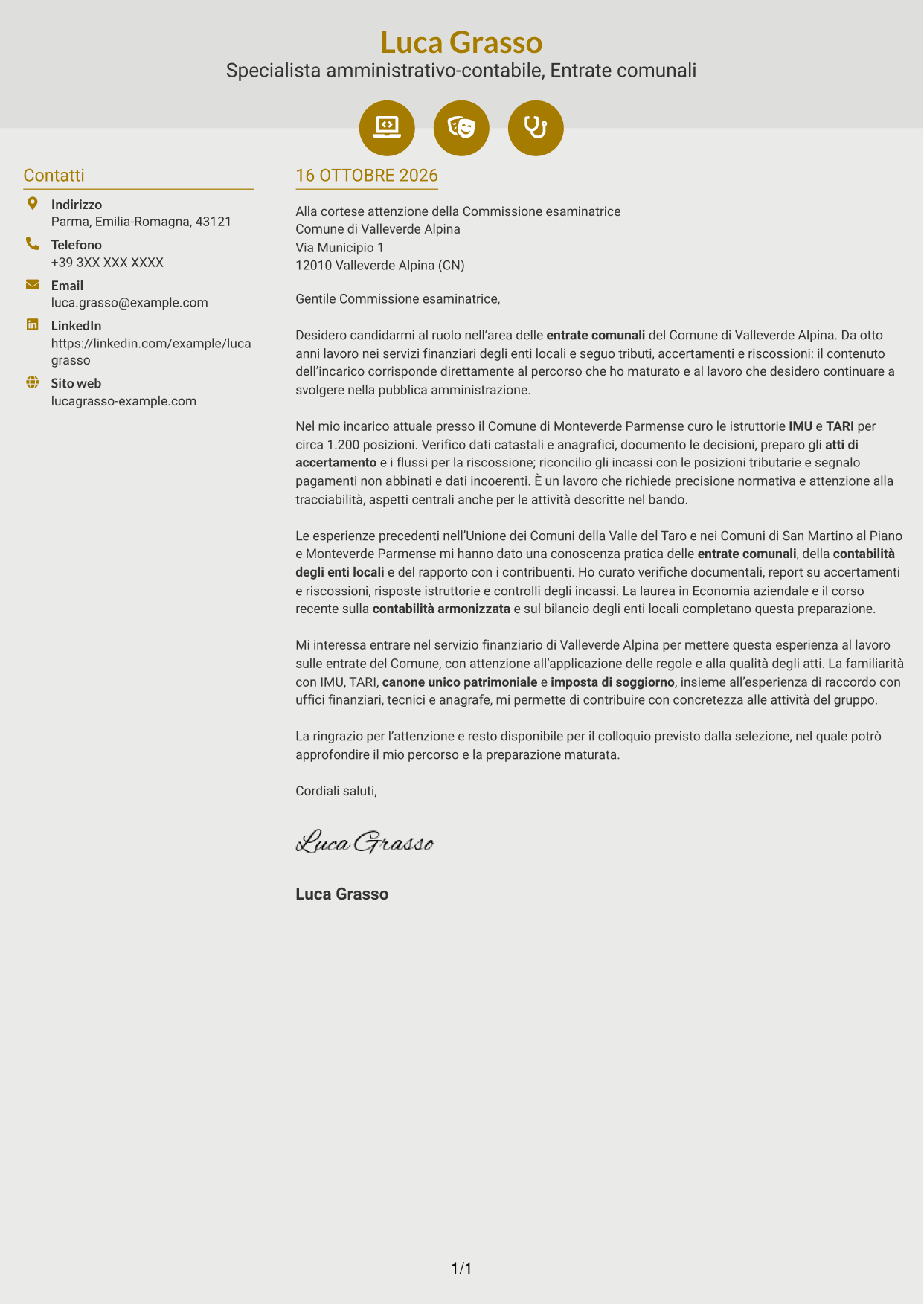 Lettera di presentazione Dinamico (formato a due colonne con icone): Specialista amministrativo-contabile - Entrate comunali, pagina 1