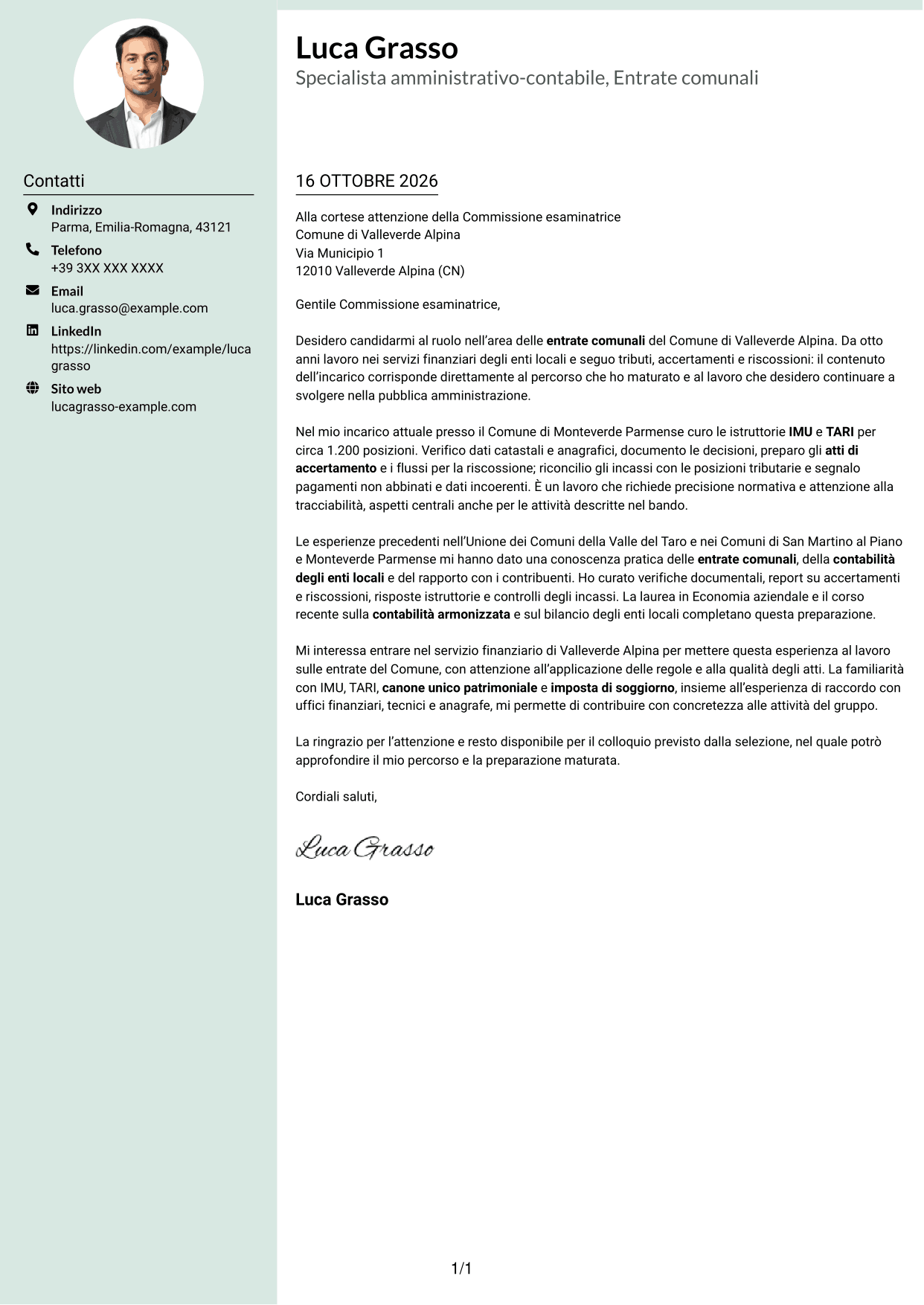 Lettera di presentazione Dirigente (formato con colonna laterale tenue e foto arrotondata): Specialista amministrativo-contabile - Entrate comunali, pagina 1