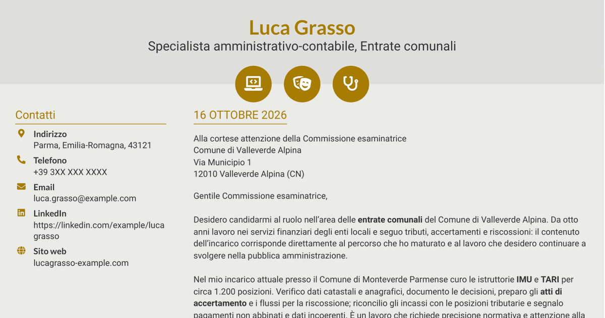 7 modelli di lettera di presentazione per Specialista amministrativo-contabile - Entrate comunali, con esempi