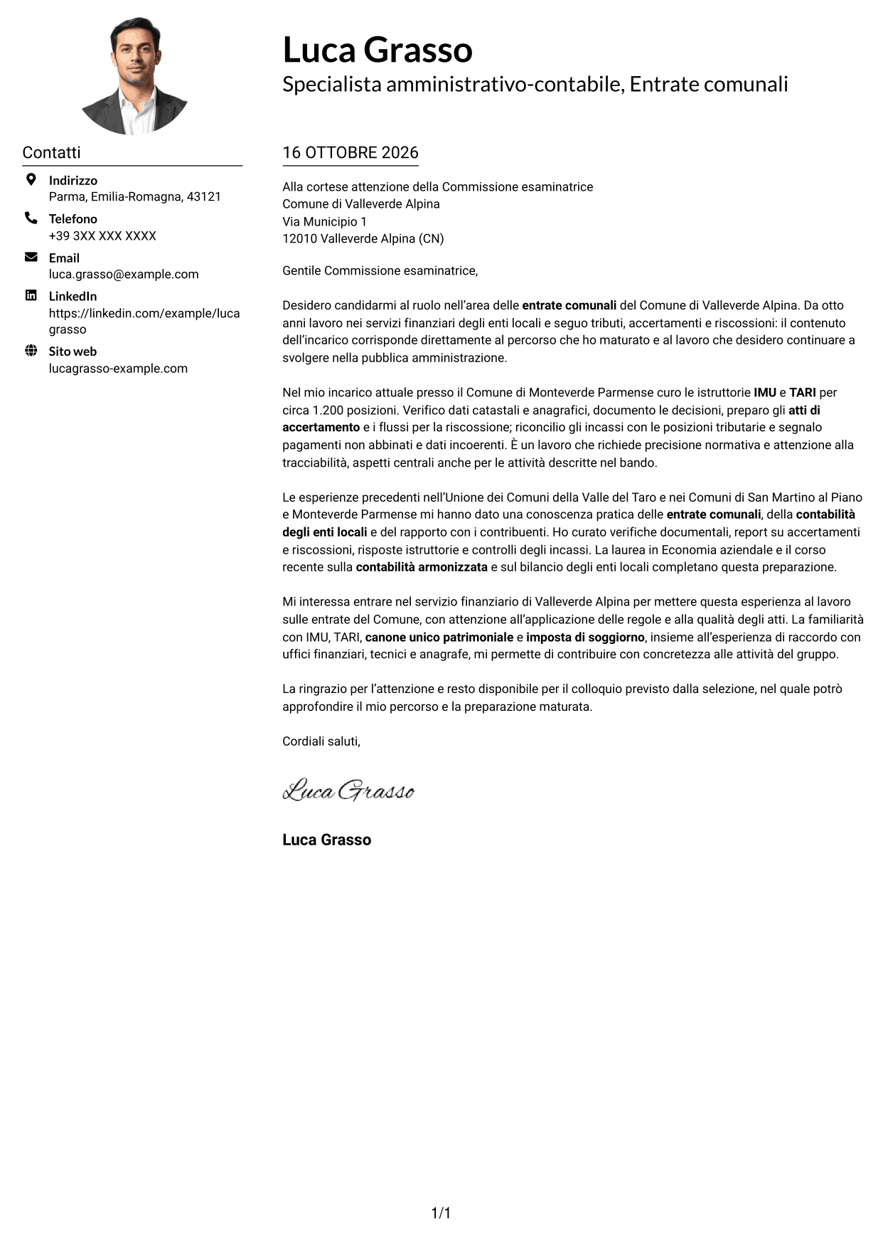 Esempio di lettera di presentazione — pagina 1