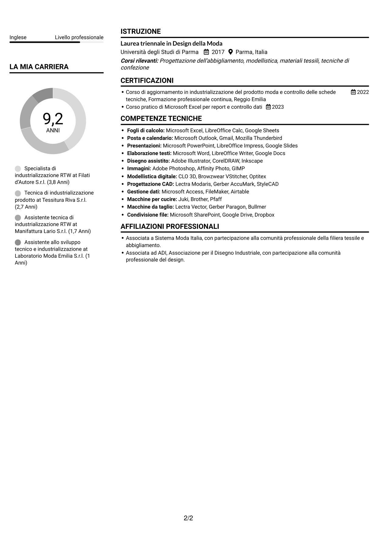 CV Compatto (formato sobrio a due colonne con foto): Specialista di industrializzazione RTW, pagina 2