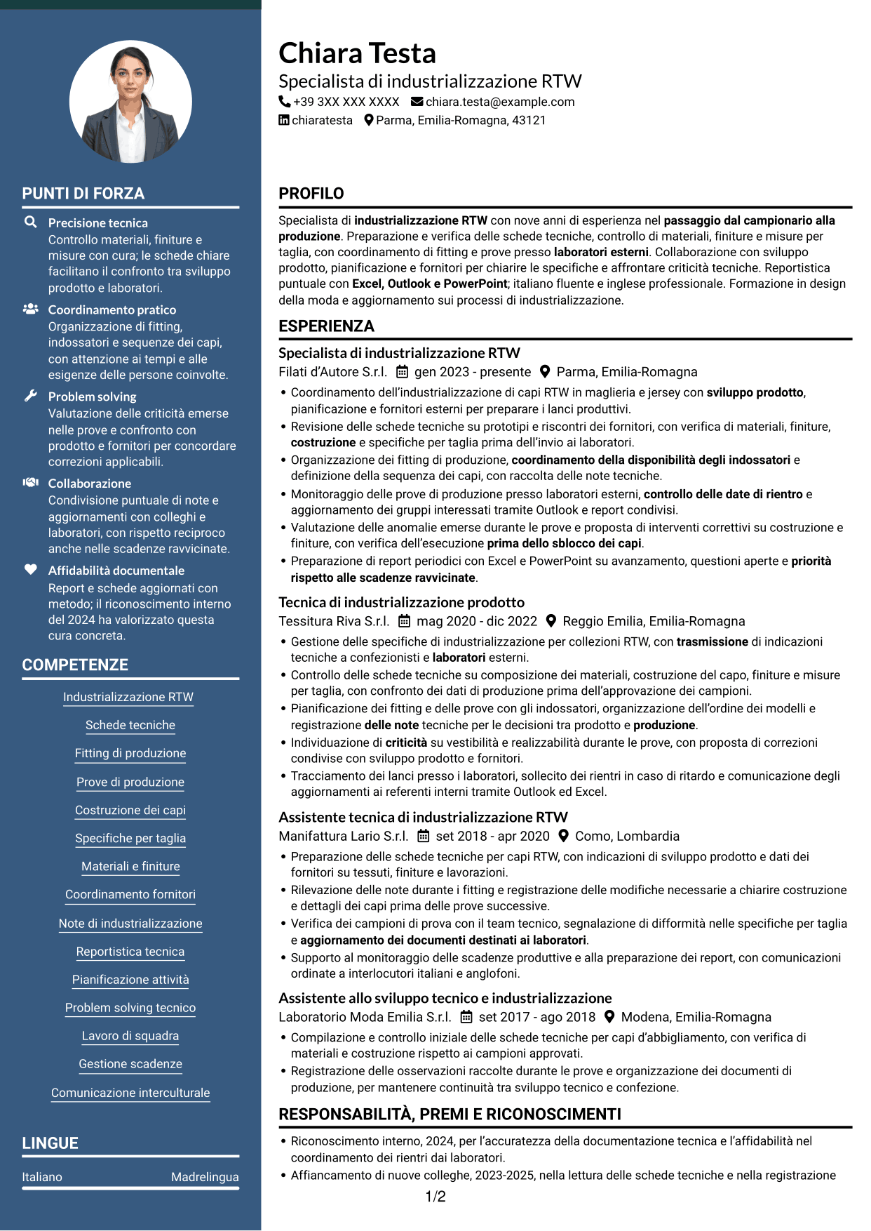 CV Elegante (formato con colonna laterale colorata e foto): Specialista di industrializzazione RTW, pagina 1