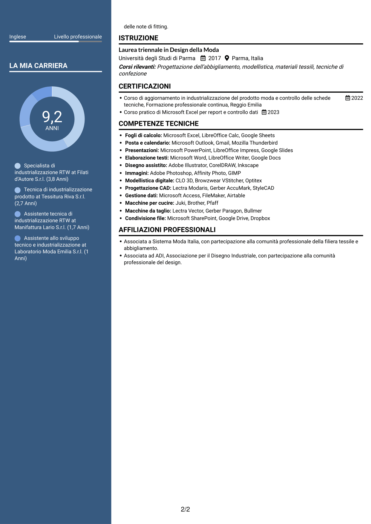 CV Elegante (formato con colonna laterale colorata e foto): Specialista di industrializzazione RTW, pagina 2