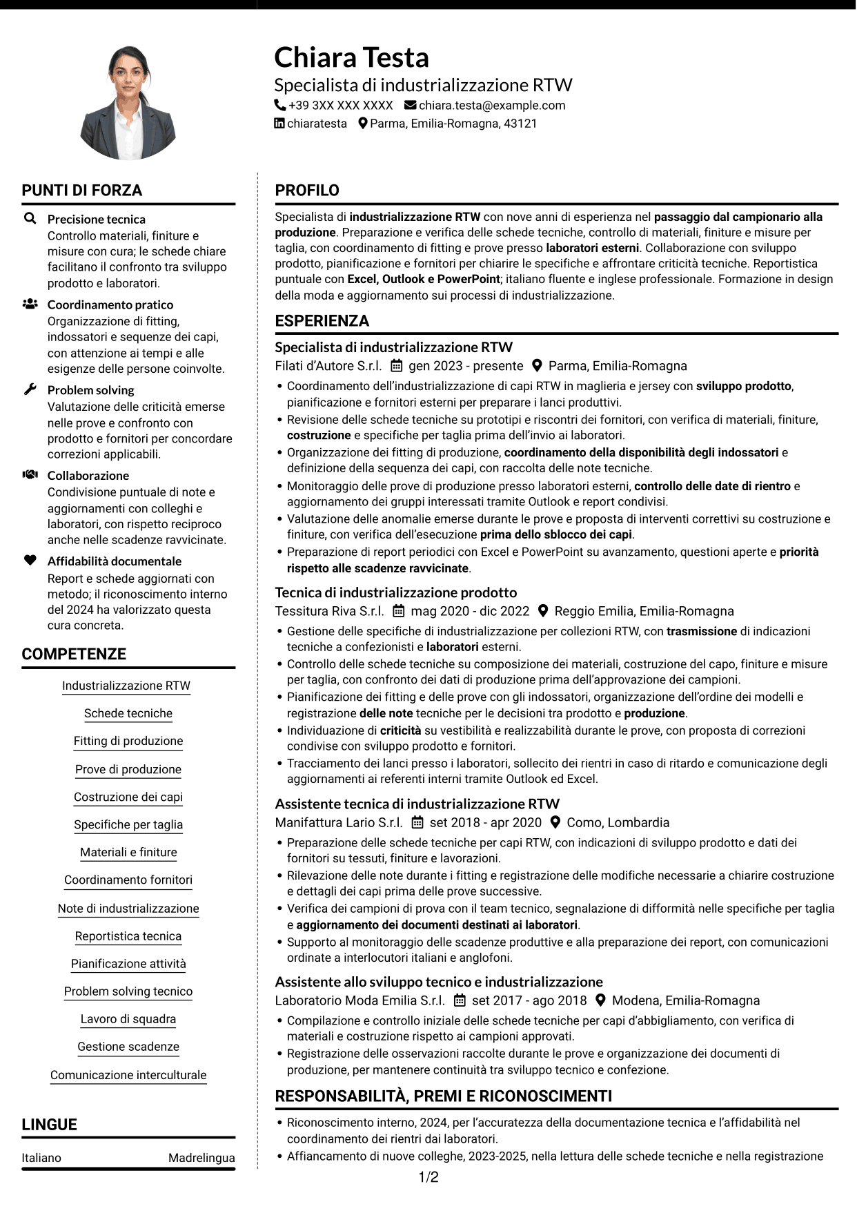 CV Moderno (formato a due colonne con foto a sinistra e separatore): Specialista di industrializzazione RTW, pagina 1