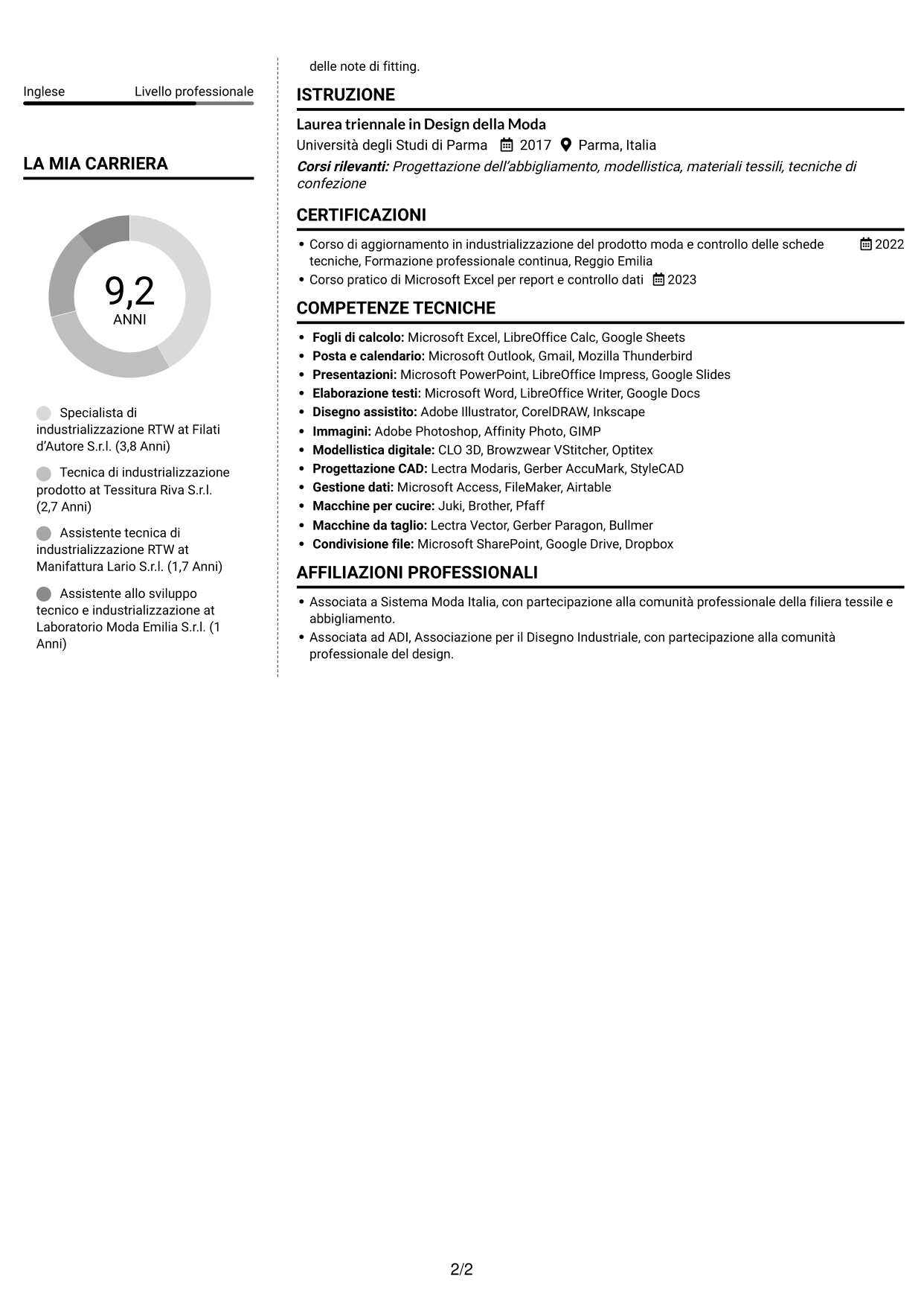 CV Moderno (formato a due colonne con foto a sinistra e separatore): Specialista di industrializzazione RTW, pagina 2