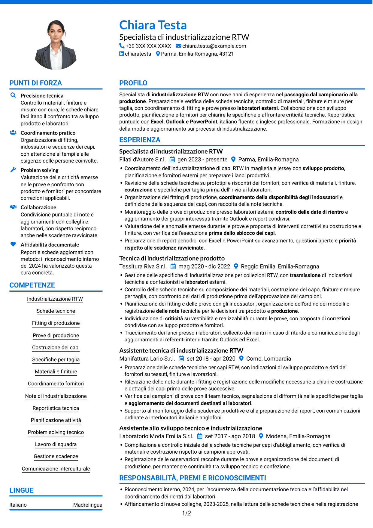 CV Audace (formato a due colonne con accenti colorati e foto): Specialista di industrializzazione RTW, pagina 1