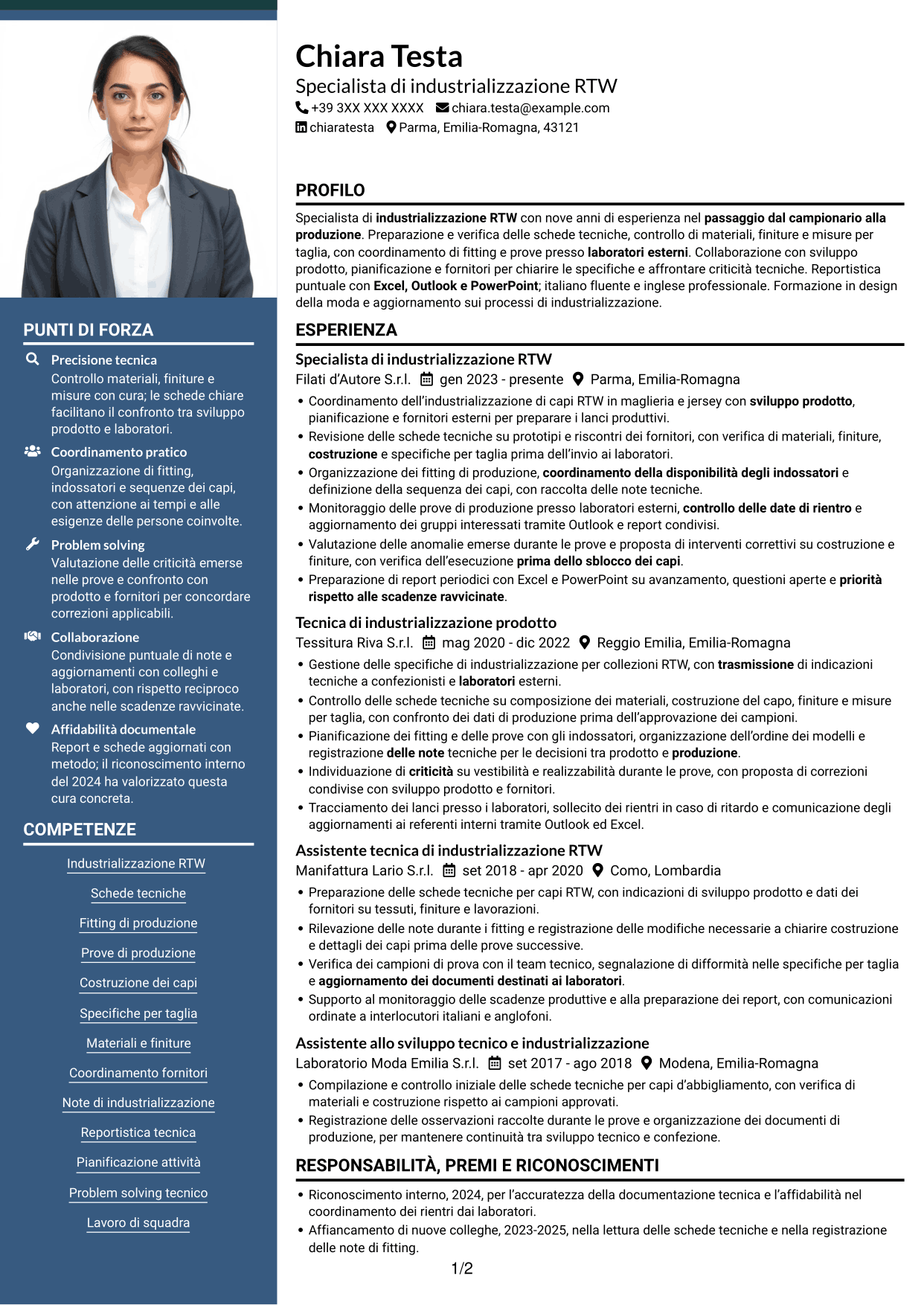 CV Signature (formato con colonna laterale colorata e foto grande): Specialista di industrializzazione RTW, pagina 1
