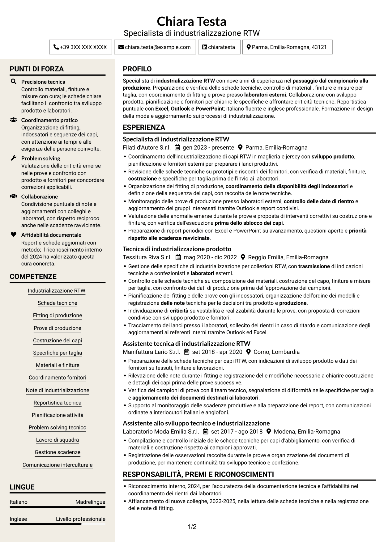 CV Intraprendente (formato a due colonne con intestazione centrata senza foto): Specialista di industrializzazione RTW, pagina 1