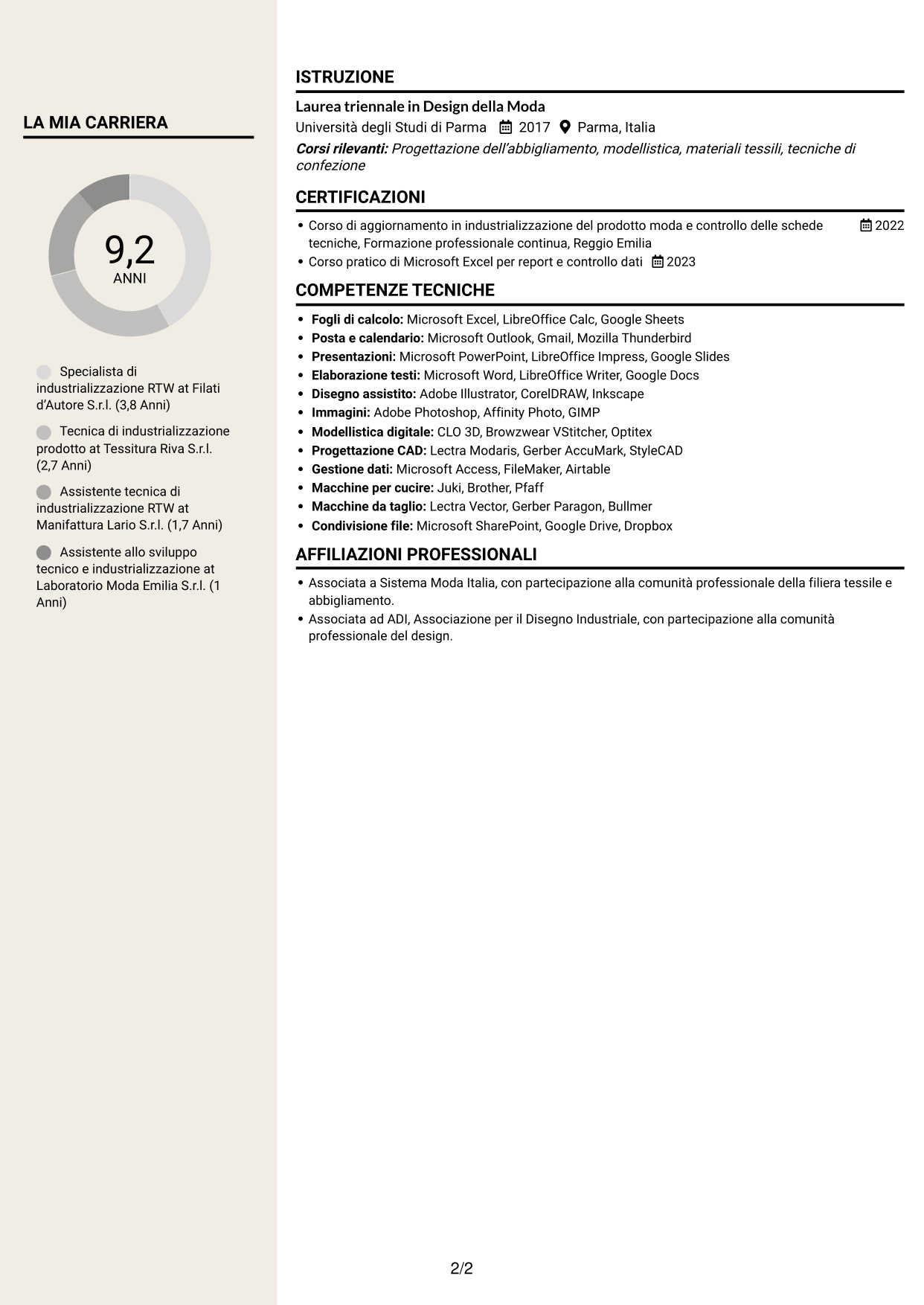 CV Intraprendente (formato a due colonne con intestazione centrata senza foto): Specialista di industrializzazione RTW, pagina 2