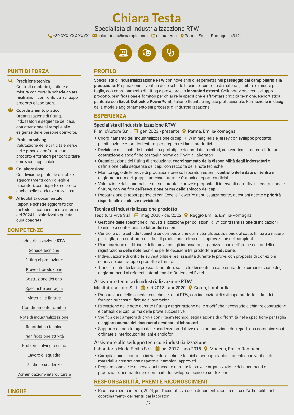 CV Dinamico (formato a due colonne con icone): Specialista di industrializzazione RTW, pagina 1