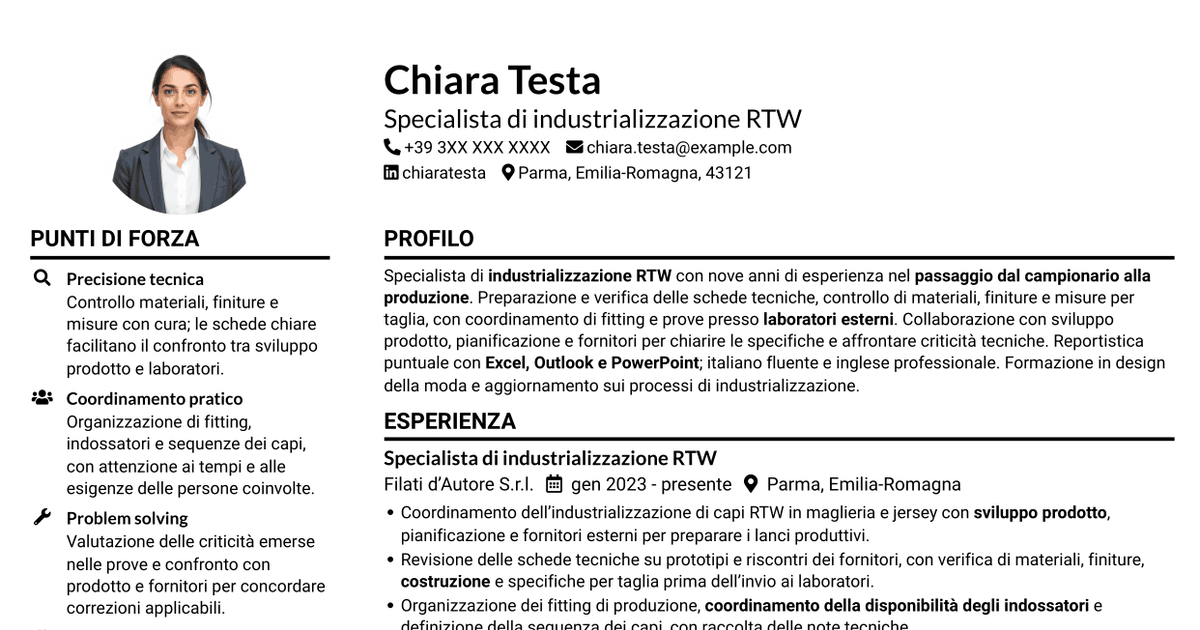 7 modelli di CV per Specialista di industrializzazione RTW, con esempi