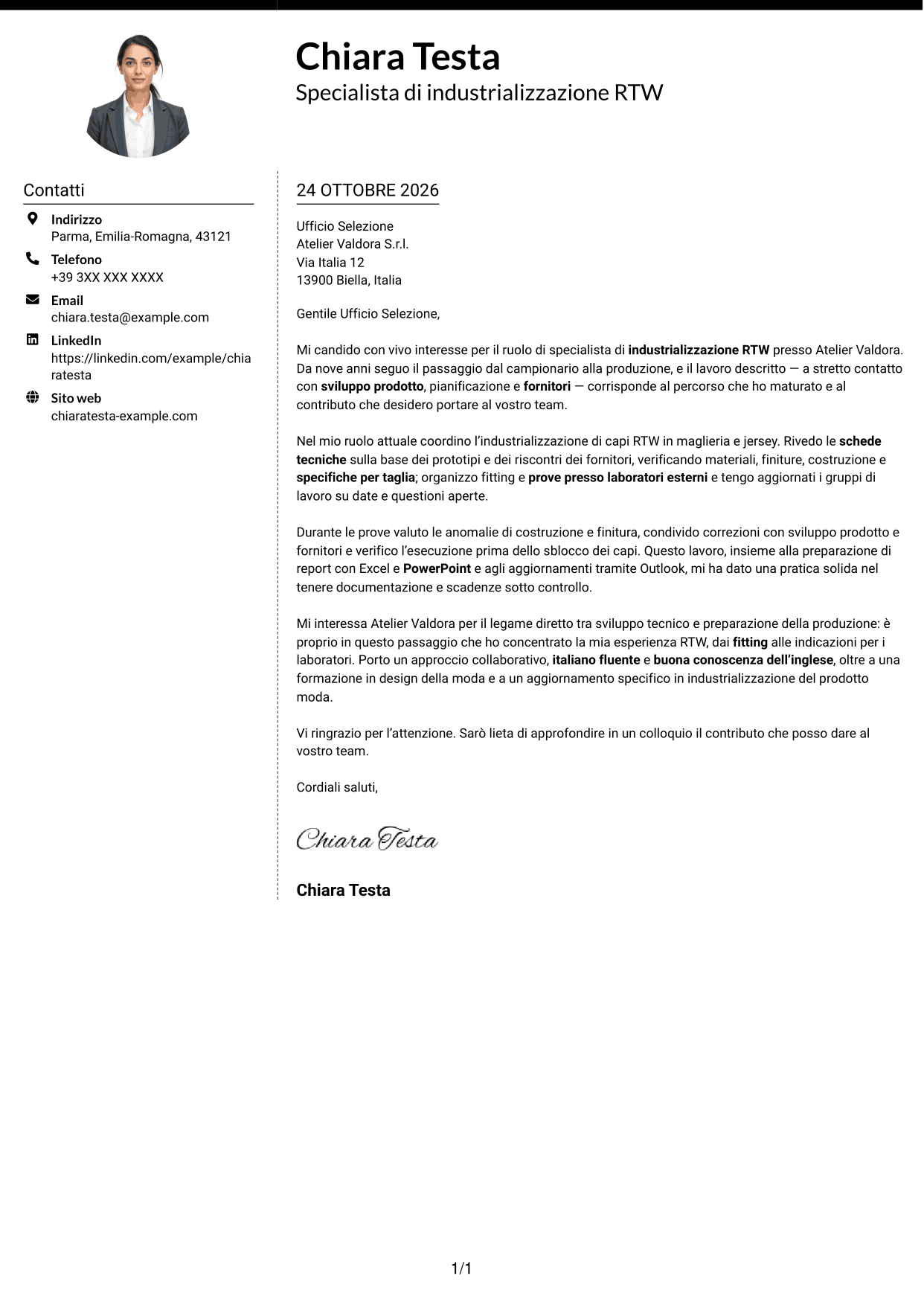 Lettera di presentazione Moderno (formato a due colonne con foto a sinistra e separatore): Specialista di industrializzazione RTW, pagina 1