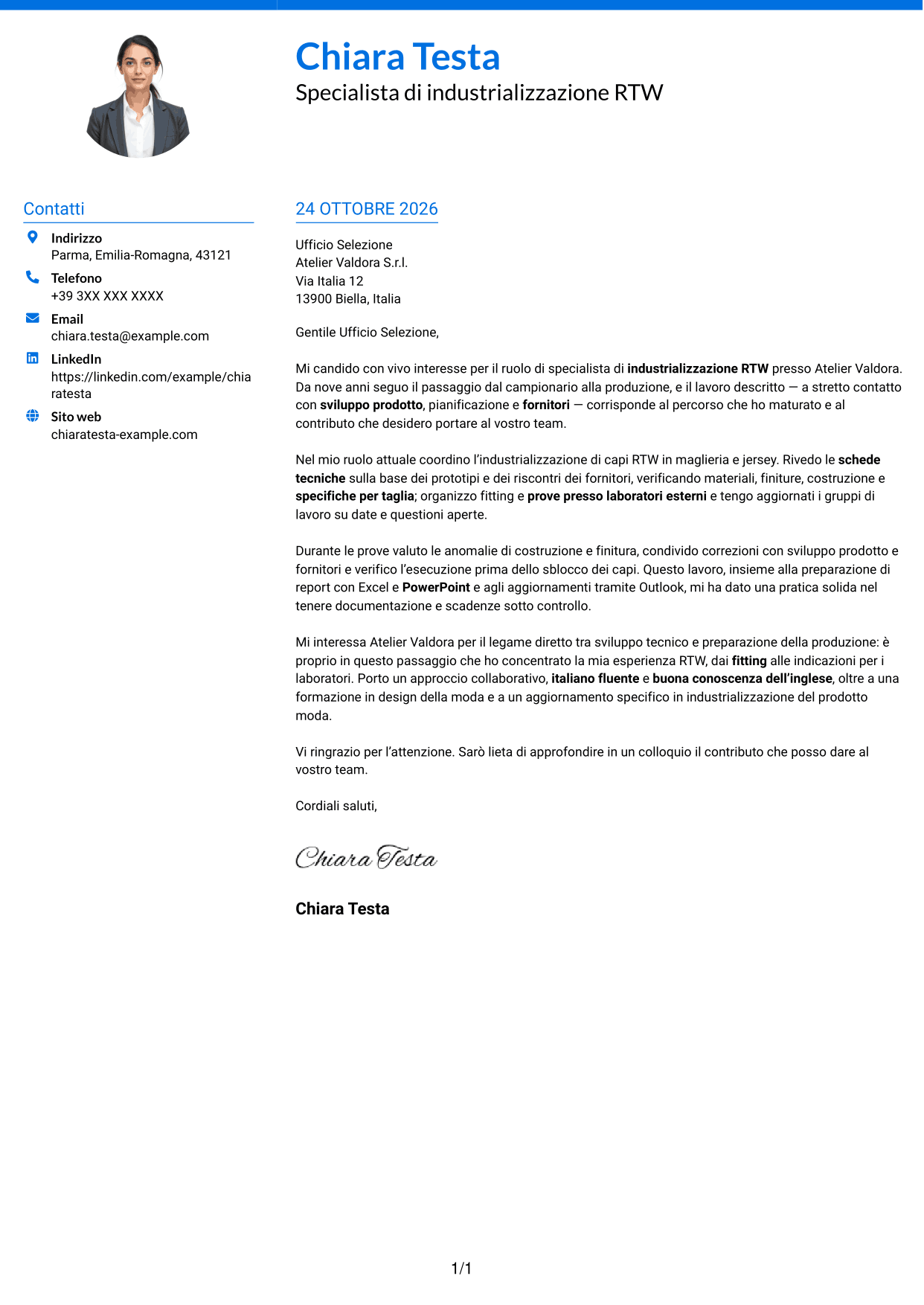 Lettera di presentazione Audace (formato a due colonne con accenti colorati e foto): Specialista di industrializzazione RTW, pagina 1