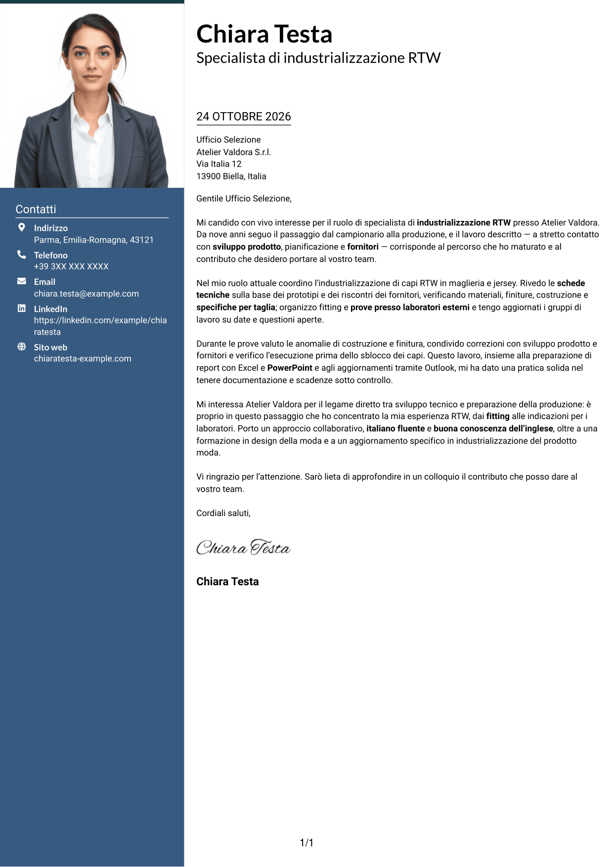 Lettera di presentazione Signature (formato con colonna laterale colorata e foto grande): Specialista di industrializzazione RTW, pagina 1