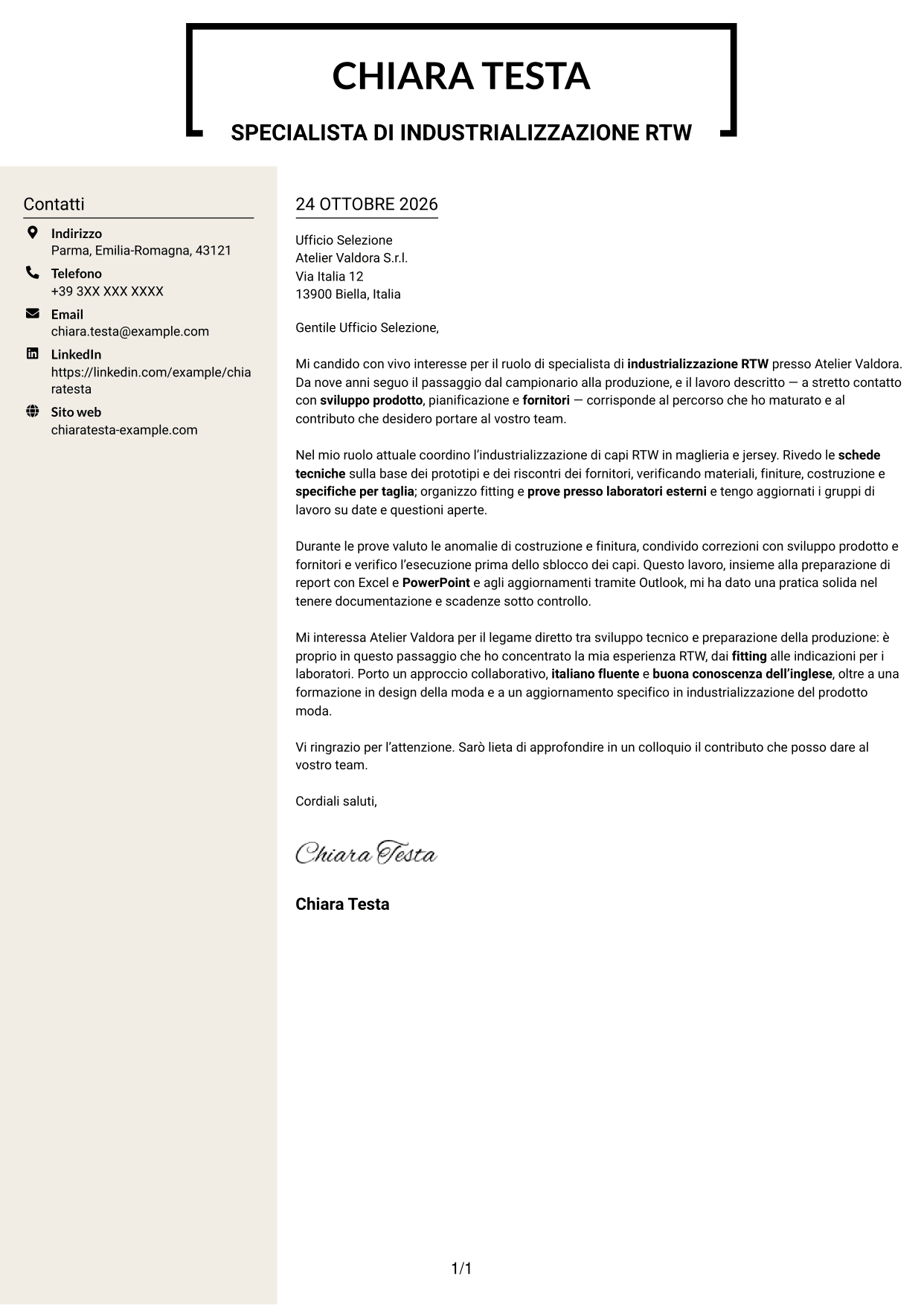 Lettera di presentazione Intraprendente (formato a due colonne con intestazione centrata senza foto): Specialista di industrializzazione RTW, pagina 1