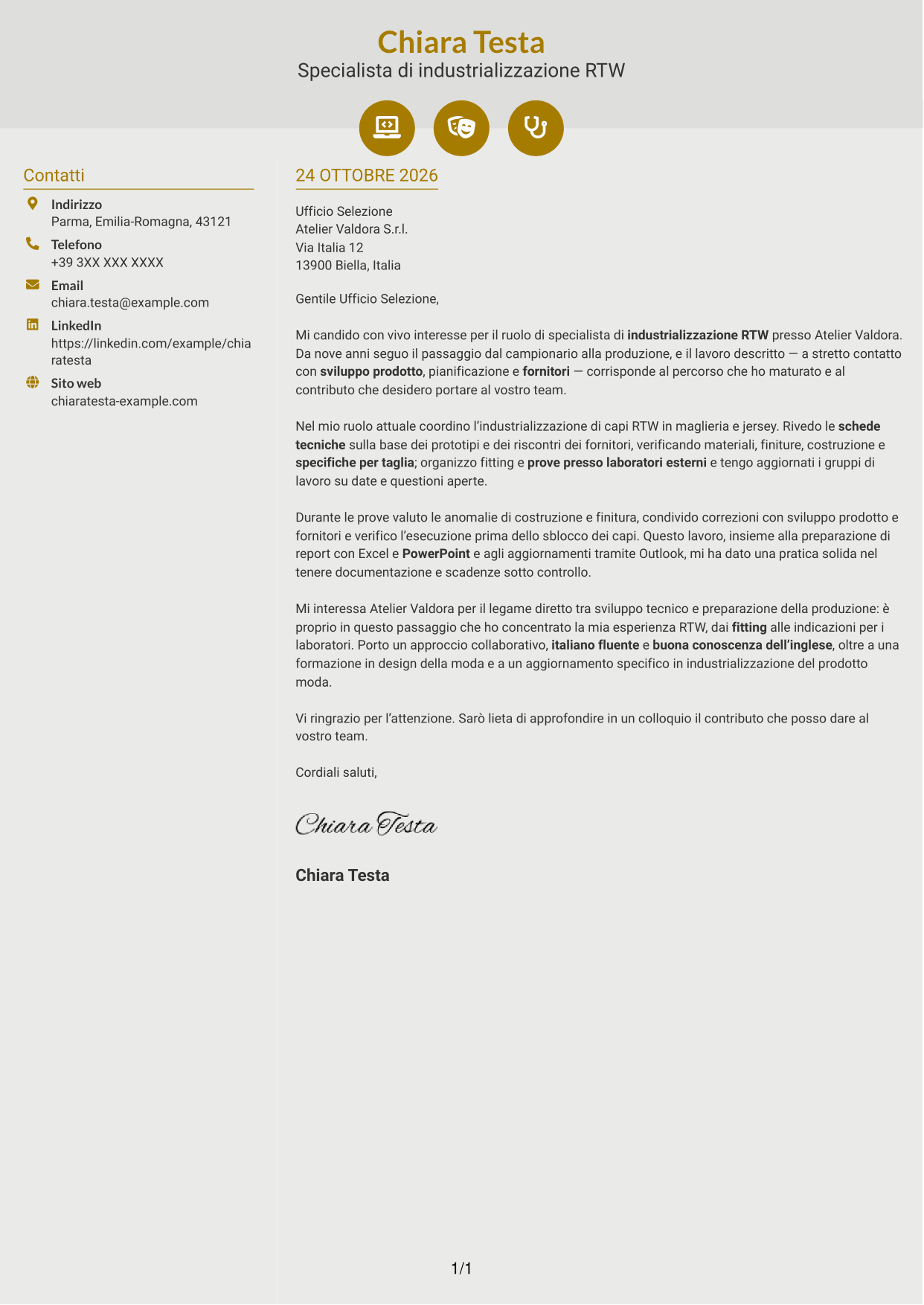Lettera di presentazione Dinamico (formato a due colonne con icone): Specialista di industrializzazione RTW, pagina 1