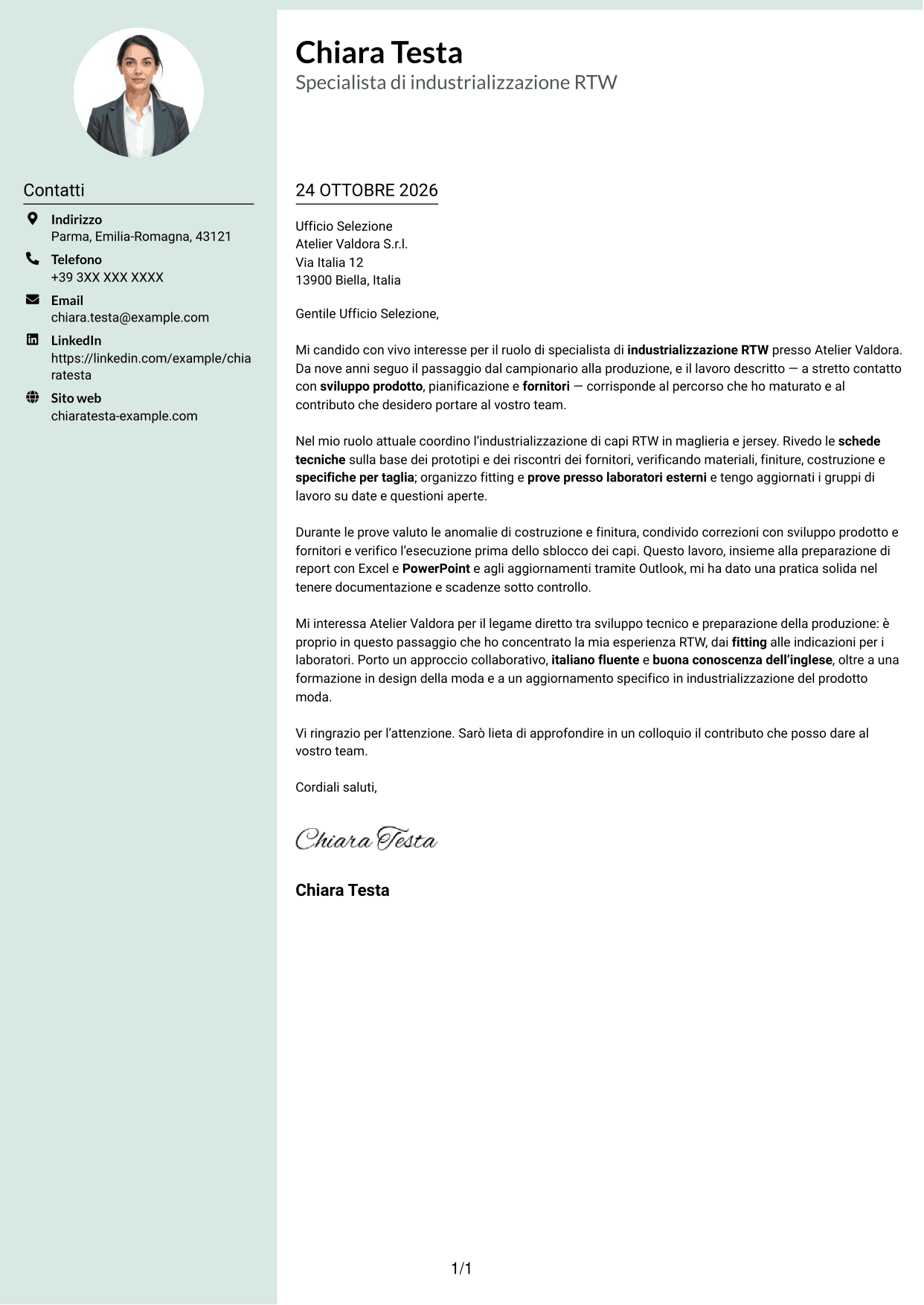Lettera di presentazione Dirigente (formato con colonna laterale tenue e foto arrotondata): Specialista di industrializzazione RTW, pagina 1