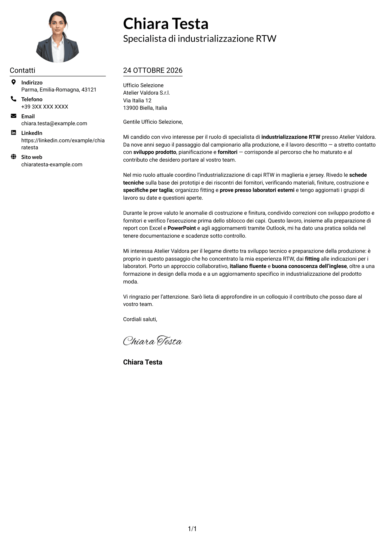 Esempio di lettera di presentazione — pagina 1