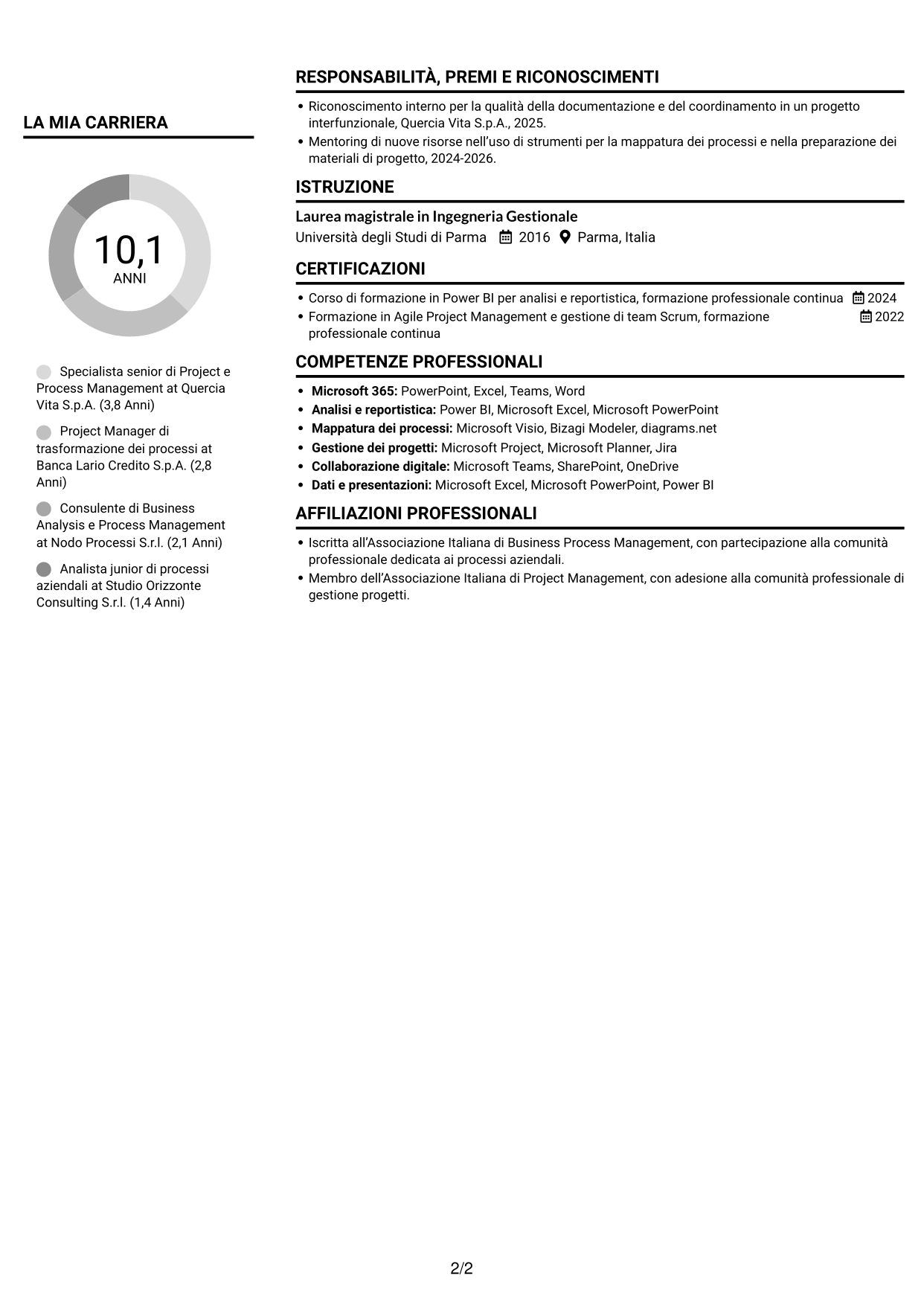 CV Compatto (formato sobrio a due colonne con foto): Specialista di Project e Process Management - Processi assicurativi, pagina 2
