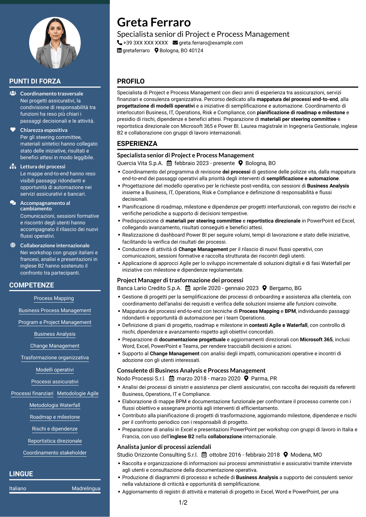 CV Elegante (formato con colonna laterale colorata e foto): Specialista di Project e Process Management - Processi assicurativi, pagina 1
